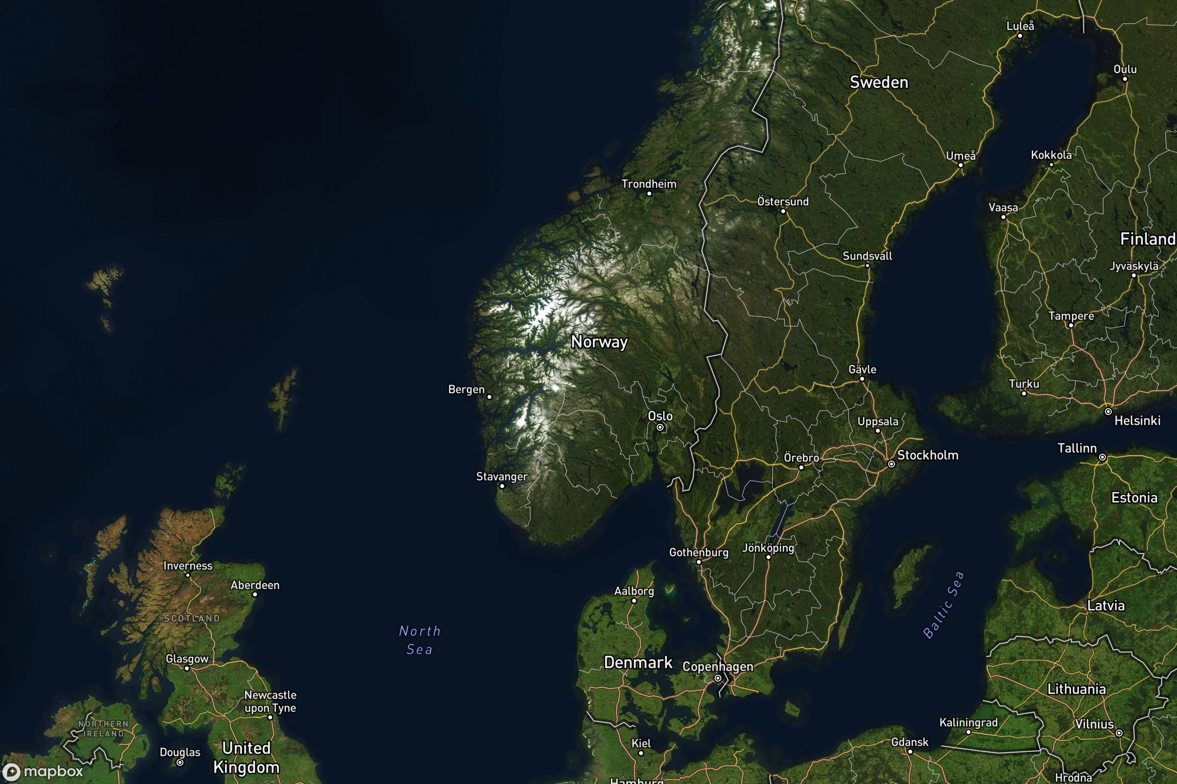 Vue satellite montrant le relief de la Norvège