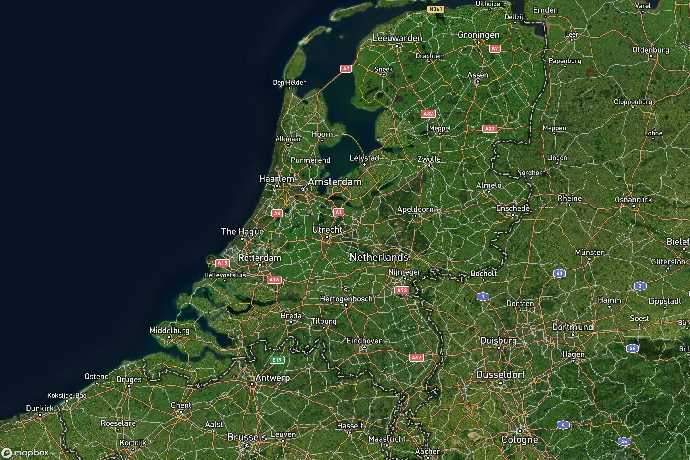 Vue satellite montrant le relief de des Pays-Bas