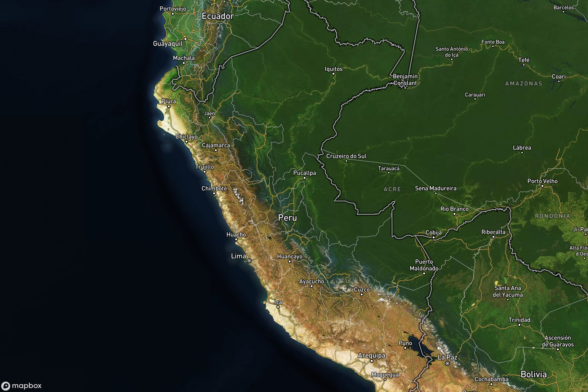 Vue satellite montrant le relief de du Pérou