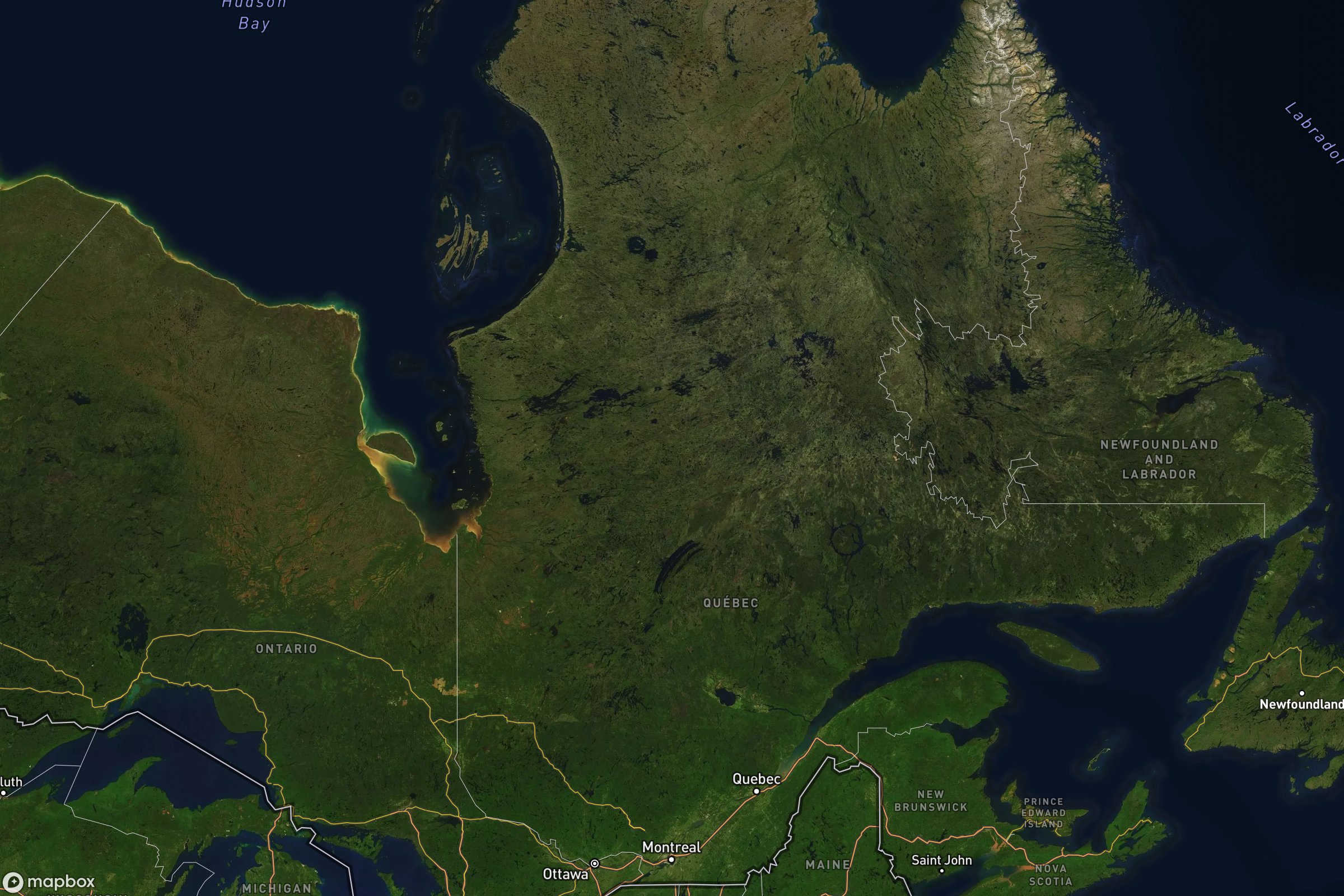 Vue satellite montrant le relief de du Québec