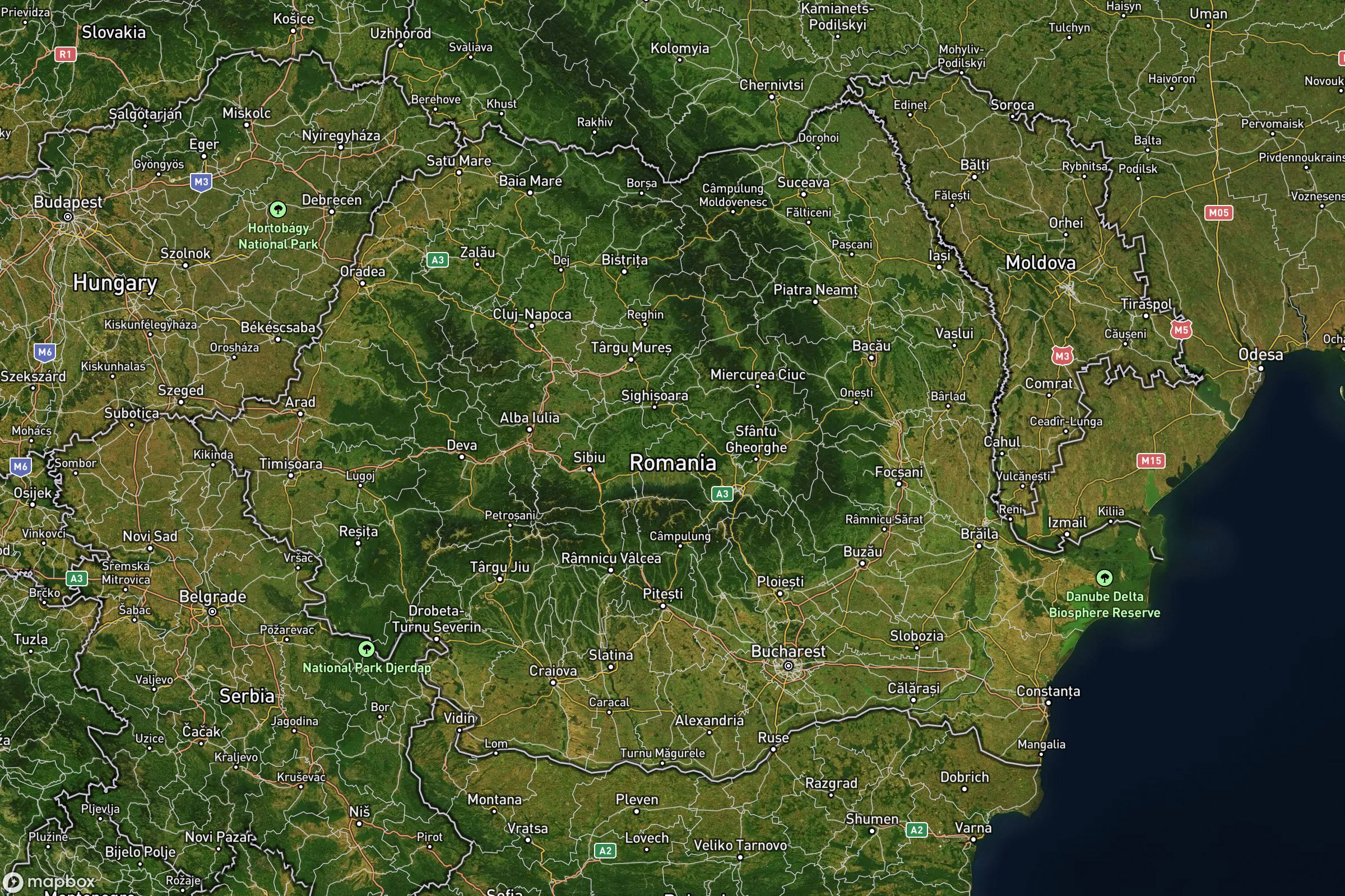 Vue satellite montrant le relief de la Roumanie