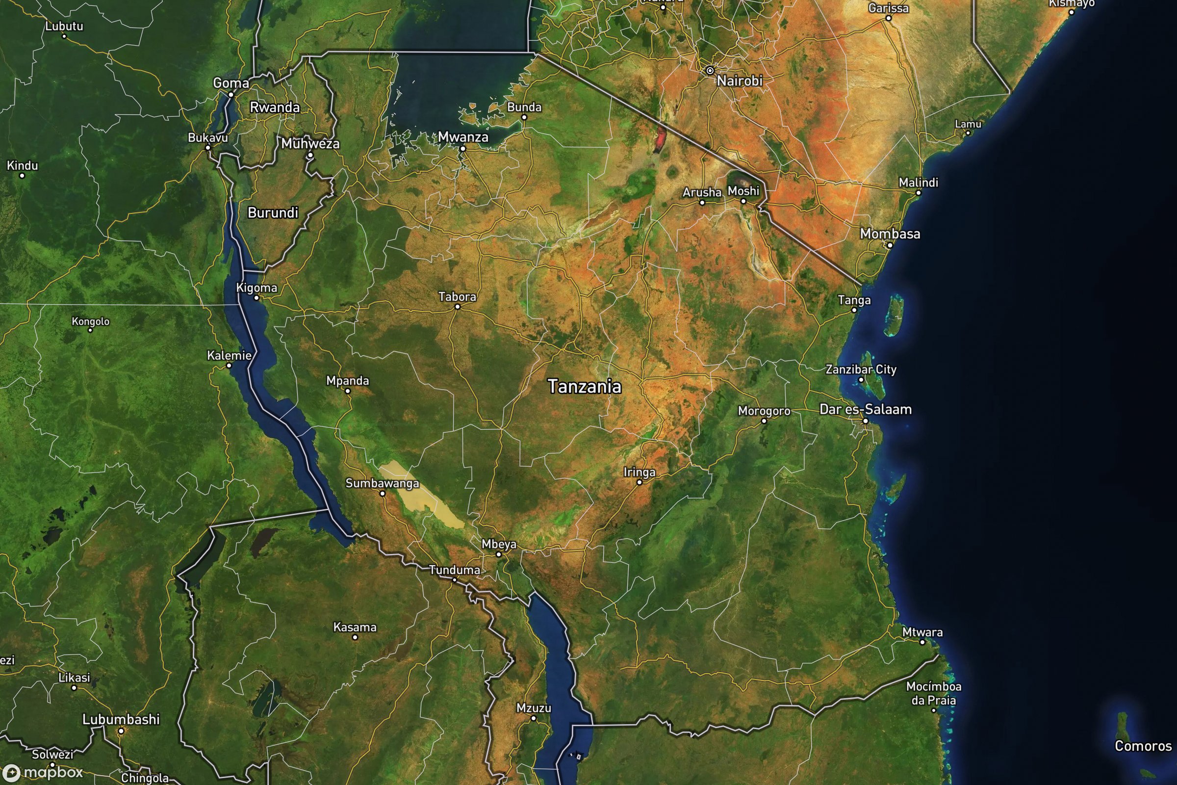 Vue satellite montrant le relief de la Tanzanie