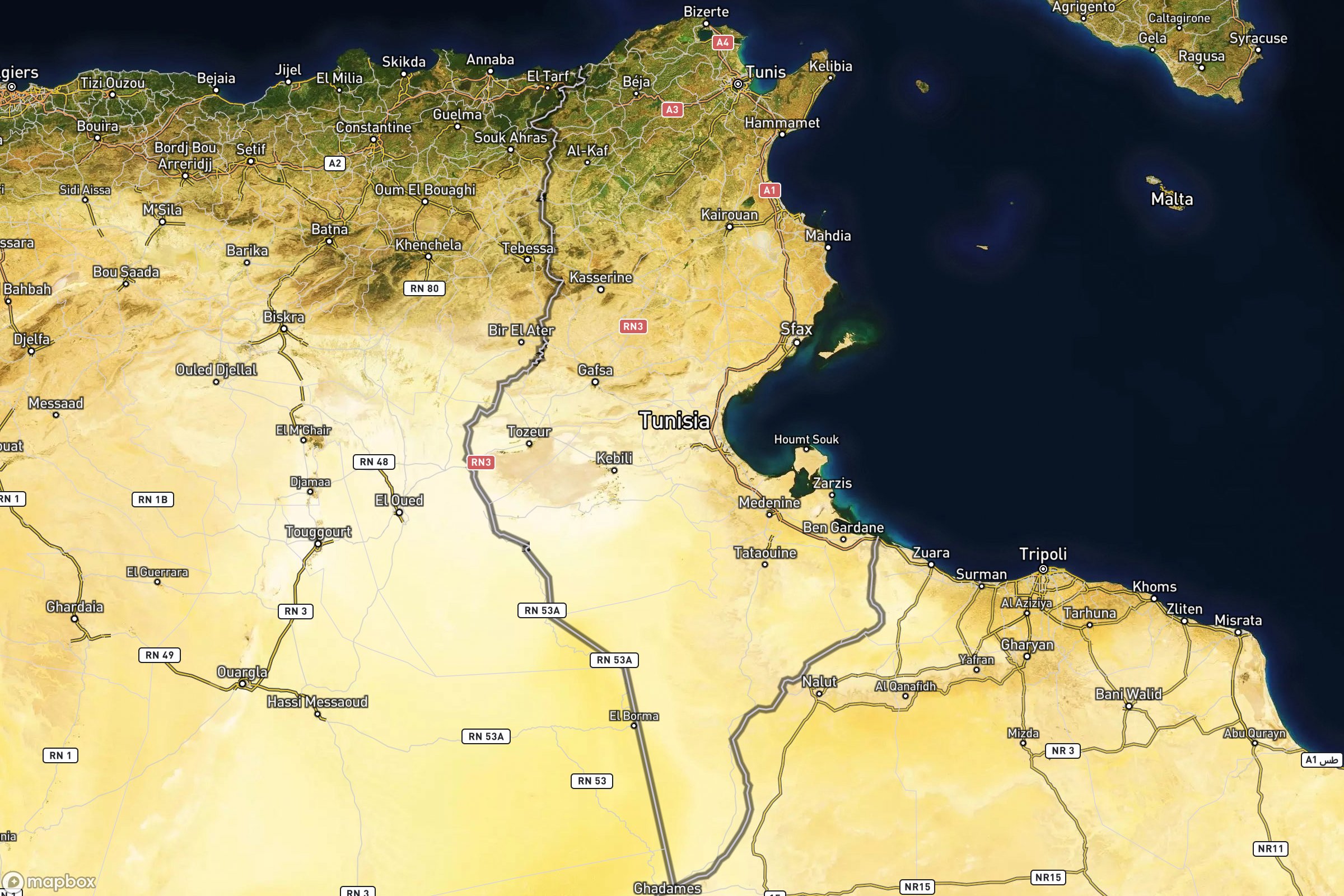 Vue satellite montrant le relief de la Tunisie