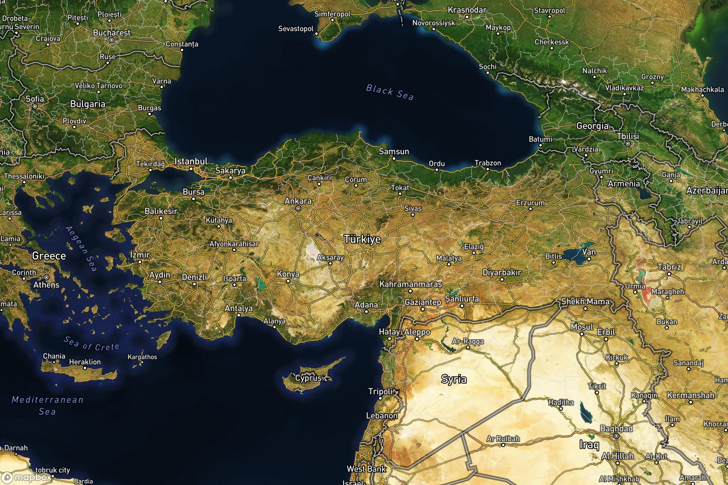 Vue satellite montrant le relief de la Turquie