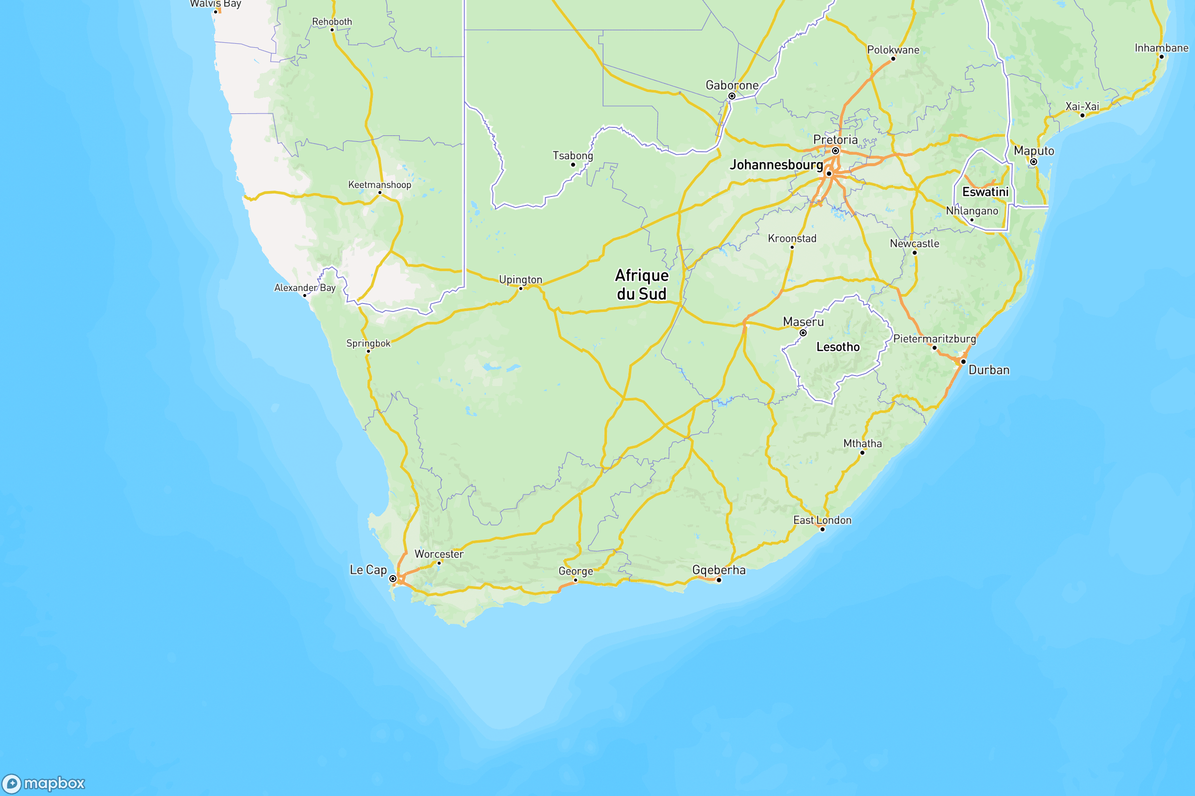 Carte des routes et autoroutes de l'Afrique du Sud