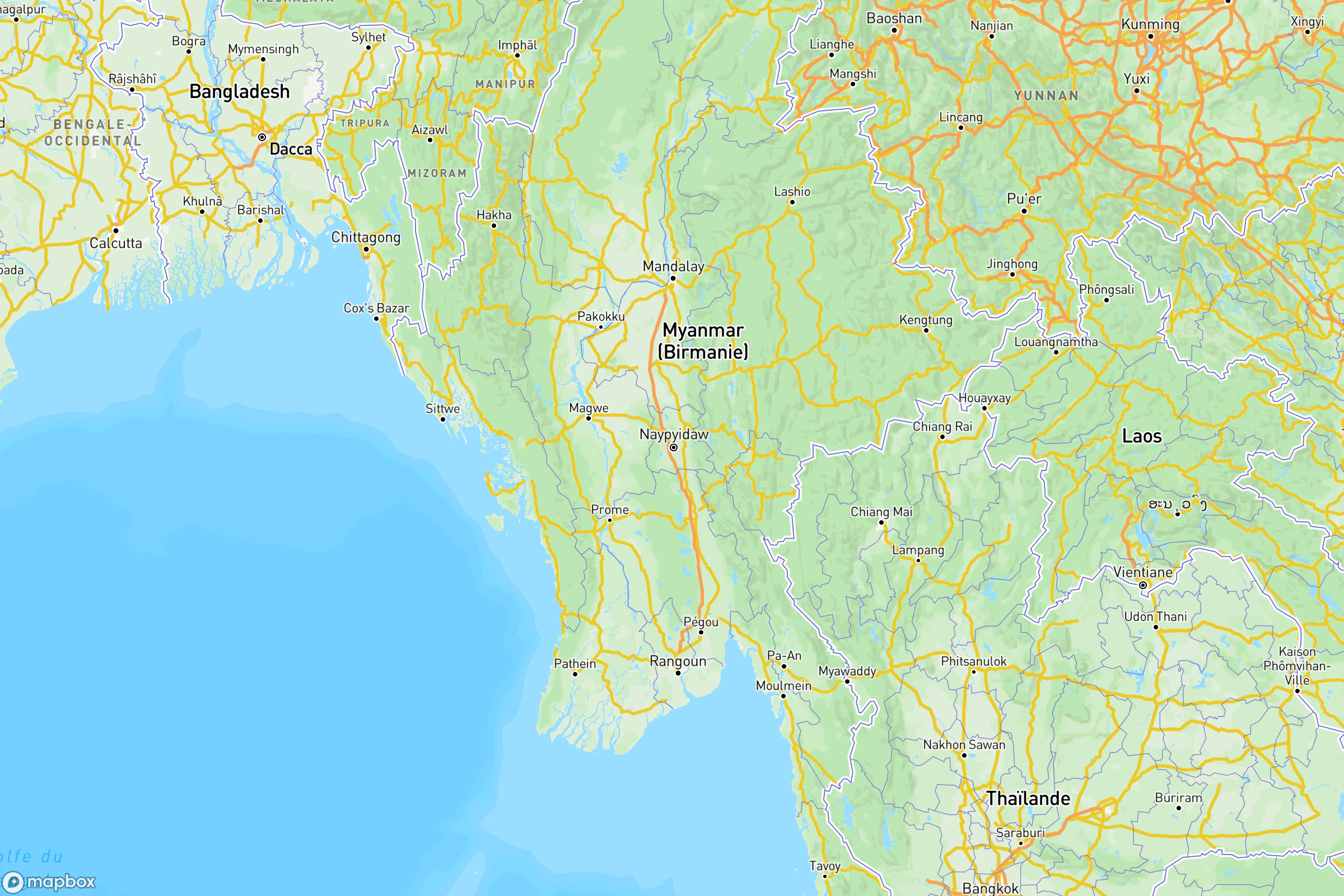 Carte des routes et autoroutes de la Birmanie