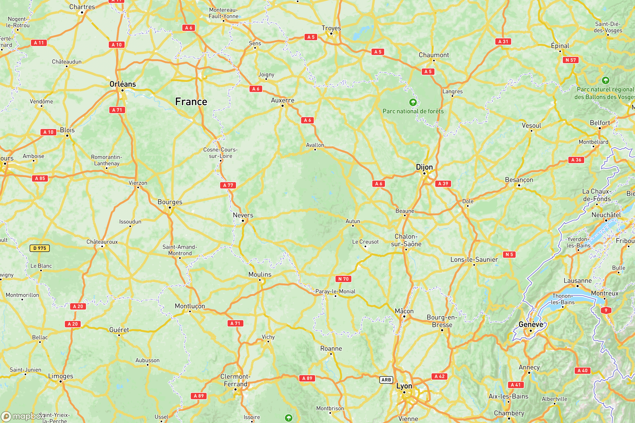 Carte des routes et autoroutes de la Bourgogne