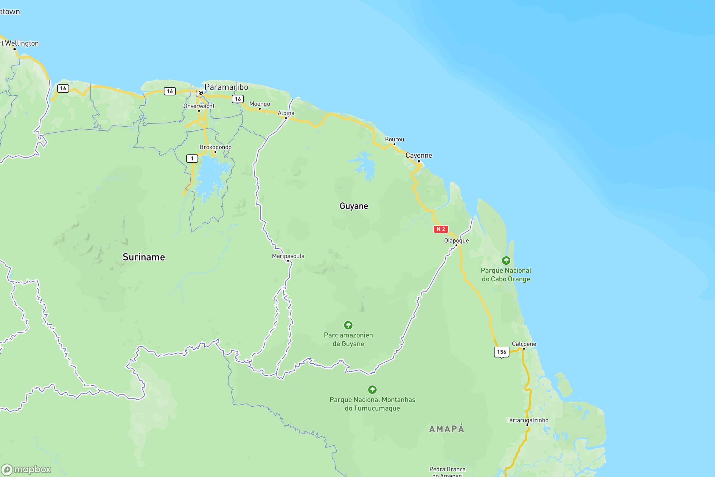 Carte des routes et autoroutes de la Guyane