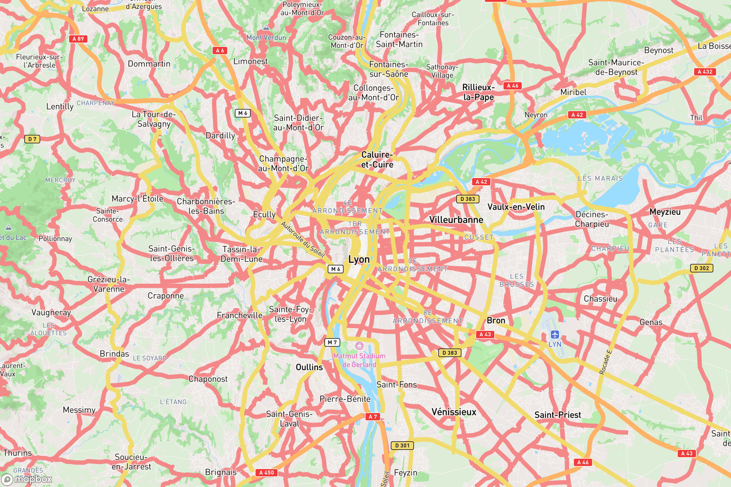 Carte des routes et autoroutes de Lyon