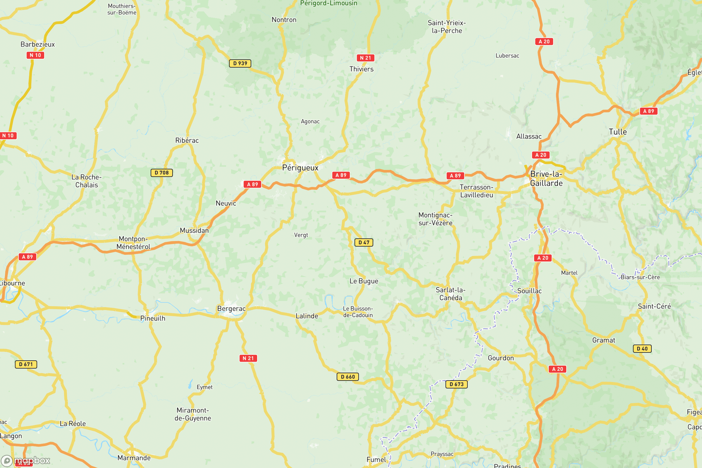 Carte des routes et autoroutes de la Dordogne