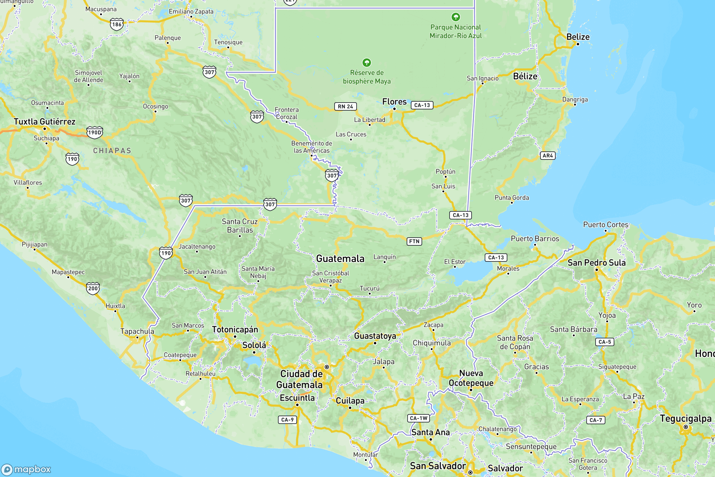 Carte des routes et autoroutes de du Guatemala