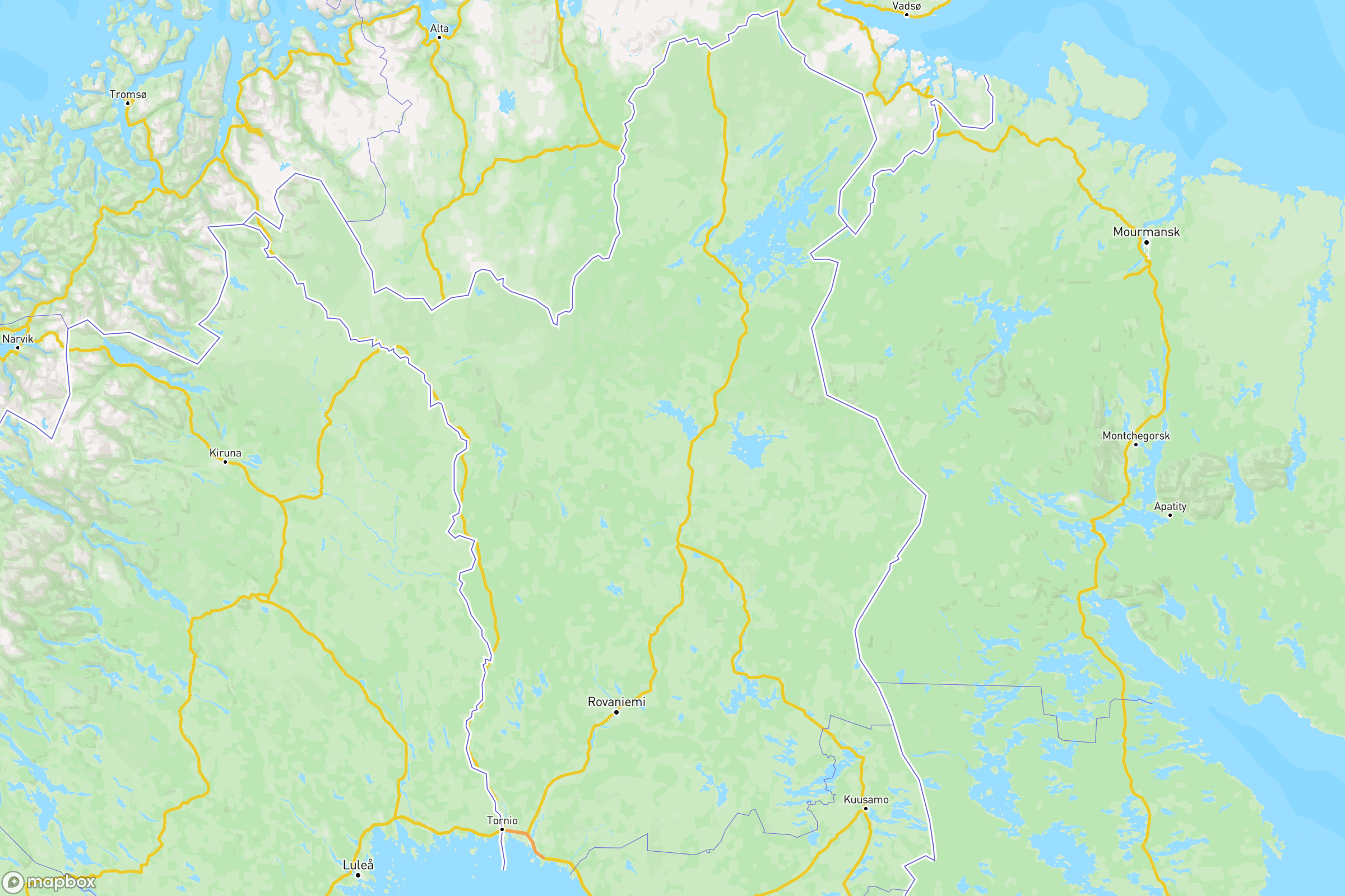 Carte des routes et autoroutes de la Laponie