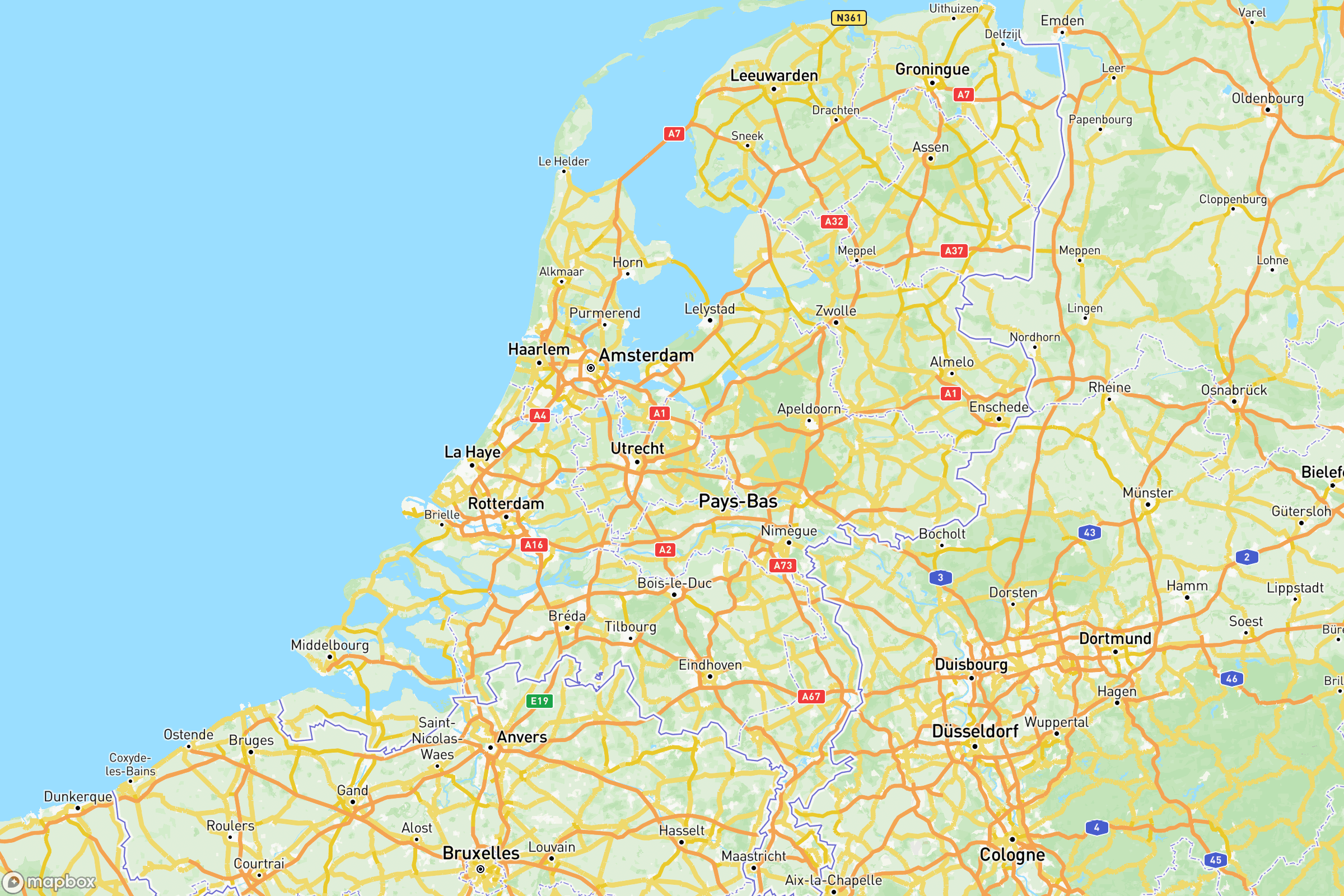 Carte des routes et autoroutes de des Pays-Bas