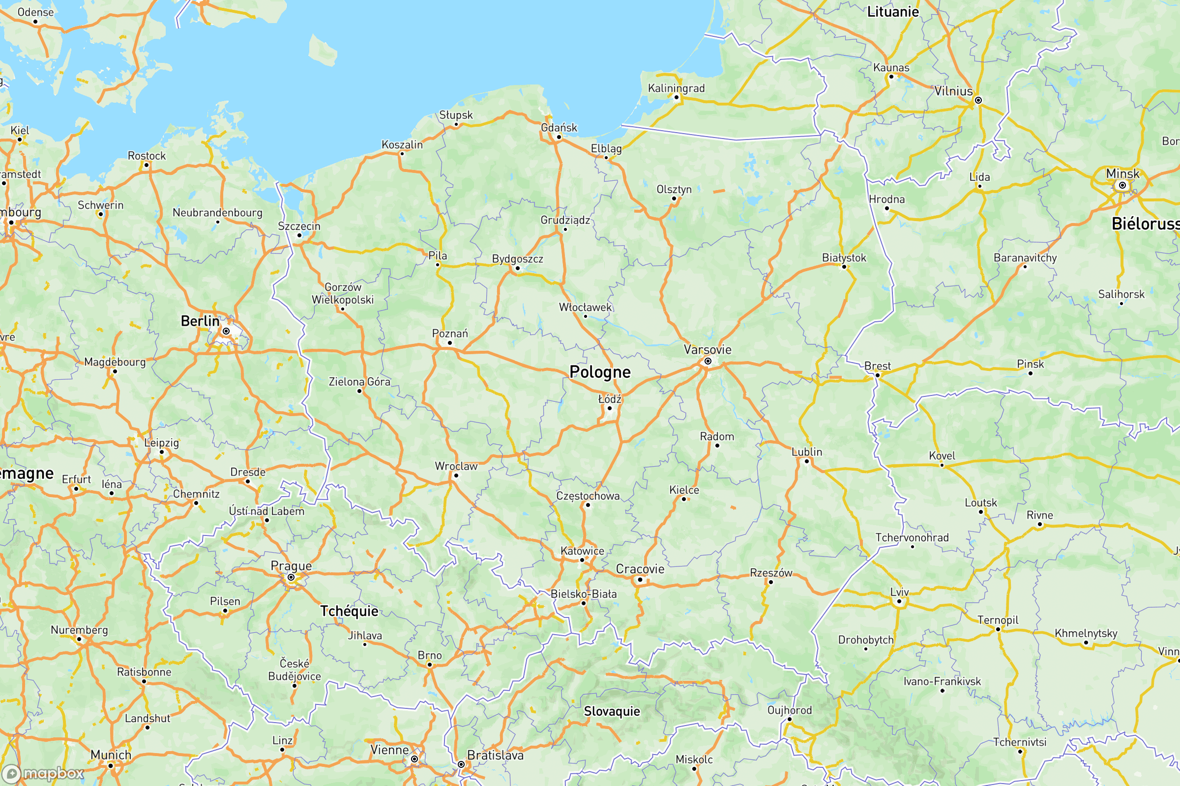 Carte des routes et autoroutes de la Pologne