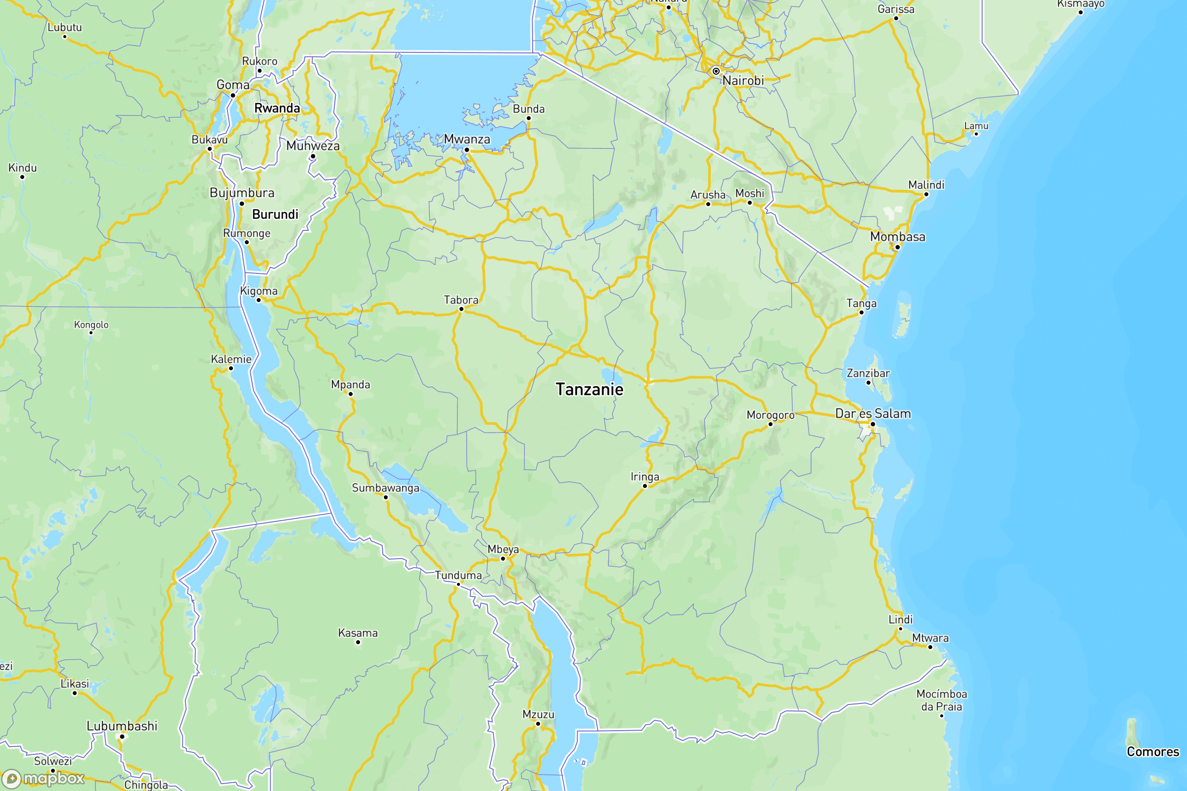Carte des routes et autoroutes de la Tanzanie