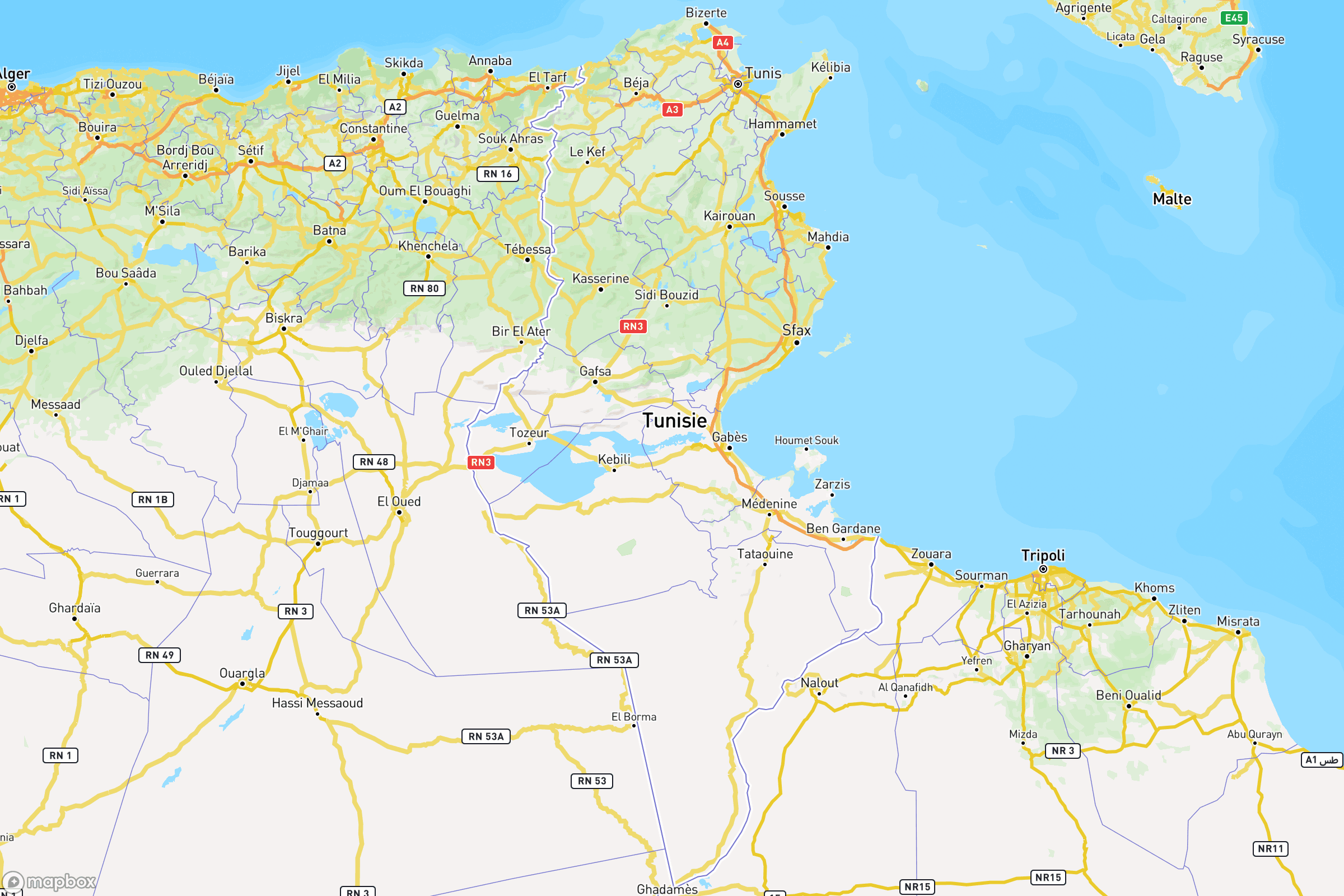 Carte des routes et autoroutes de la Tunisie