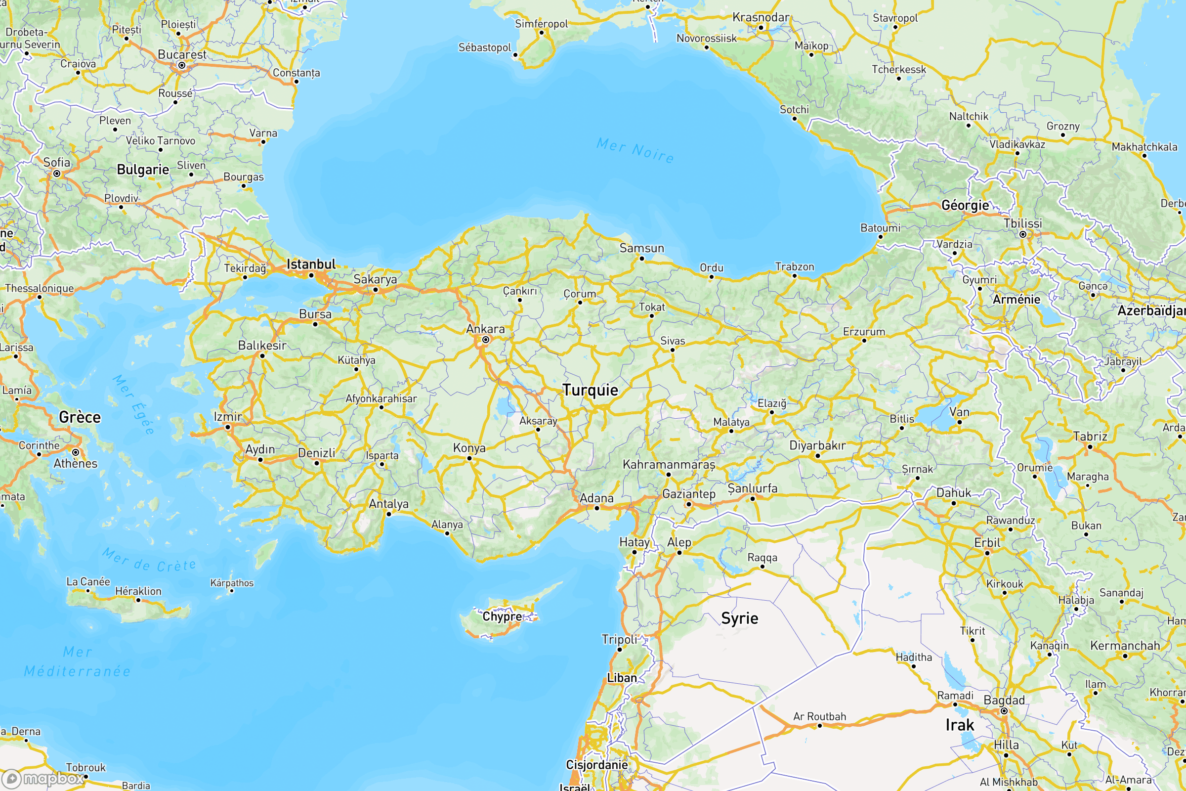 Carte des routes et autoroutes de la Turquie