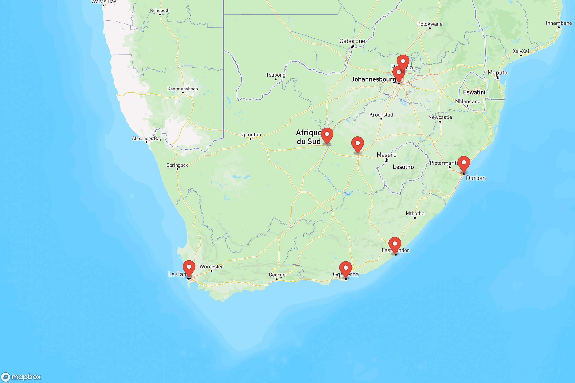 Carte des villes principales de l'Afrique du Sud : Johannesburg, Le Cap, Durban, Pretoria