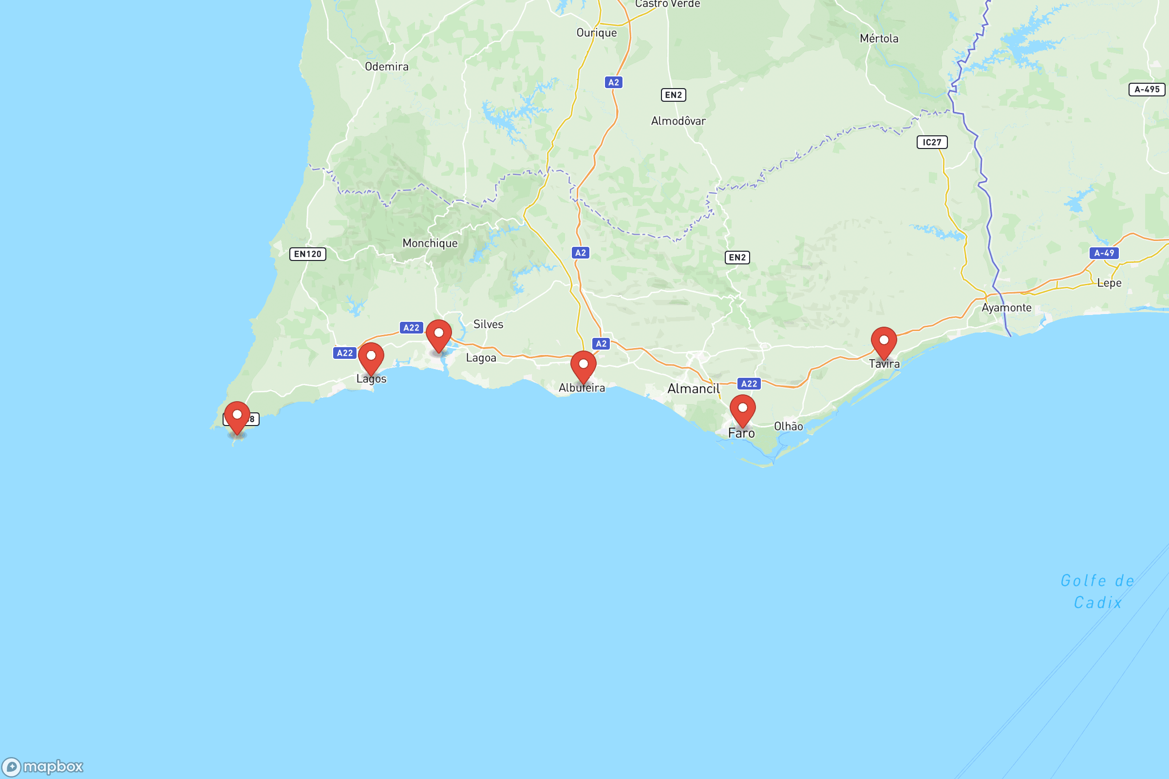 Carte des villes principales de l'Algarve : Faro, Lagos, Albufeira, Portimão