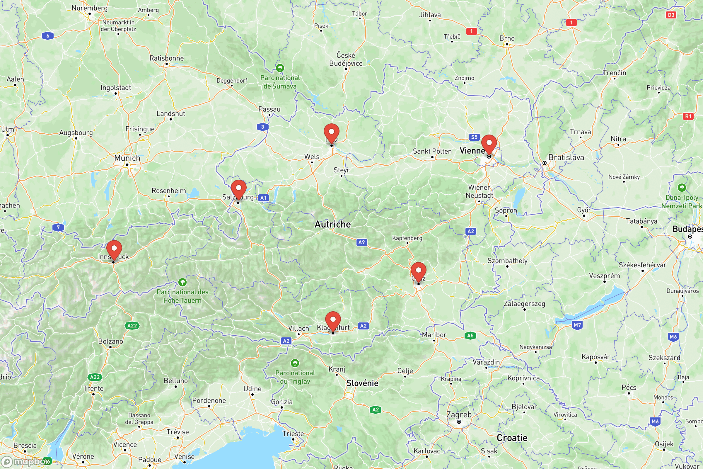 Carte des villes principales de l'Autriche : Vienne, Salzbourg, Innsbruck, Graz
