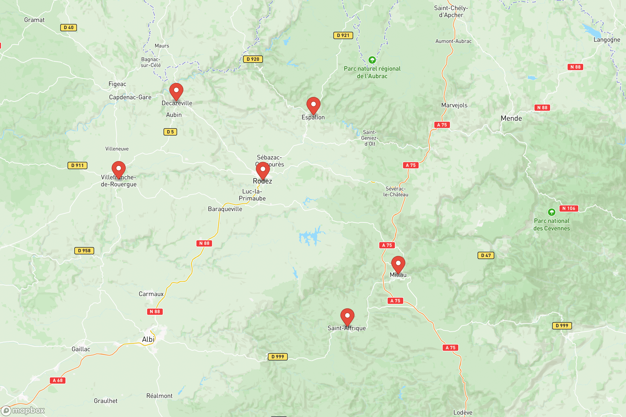 Carte des villes principales de l'Aveyron : Rodez, Millau, Villefranche-de-Rouergue, Decazeville
