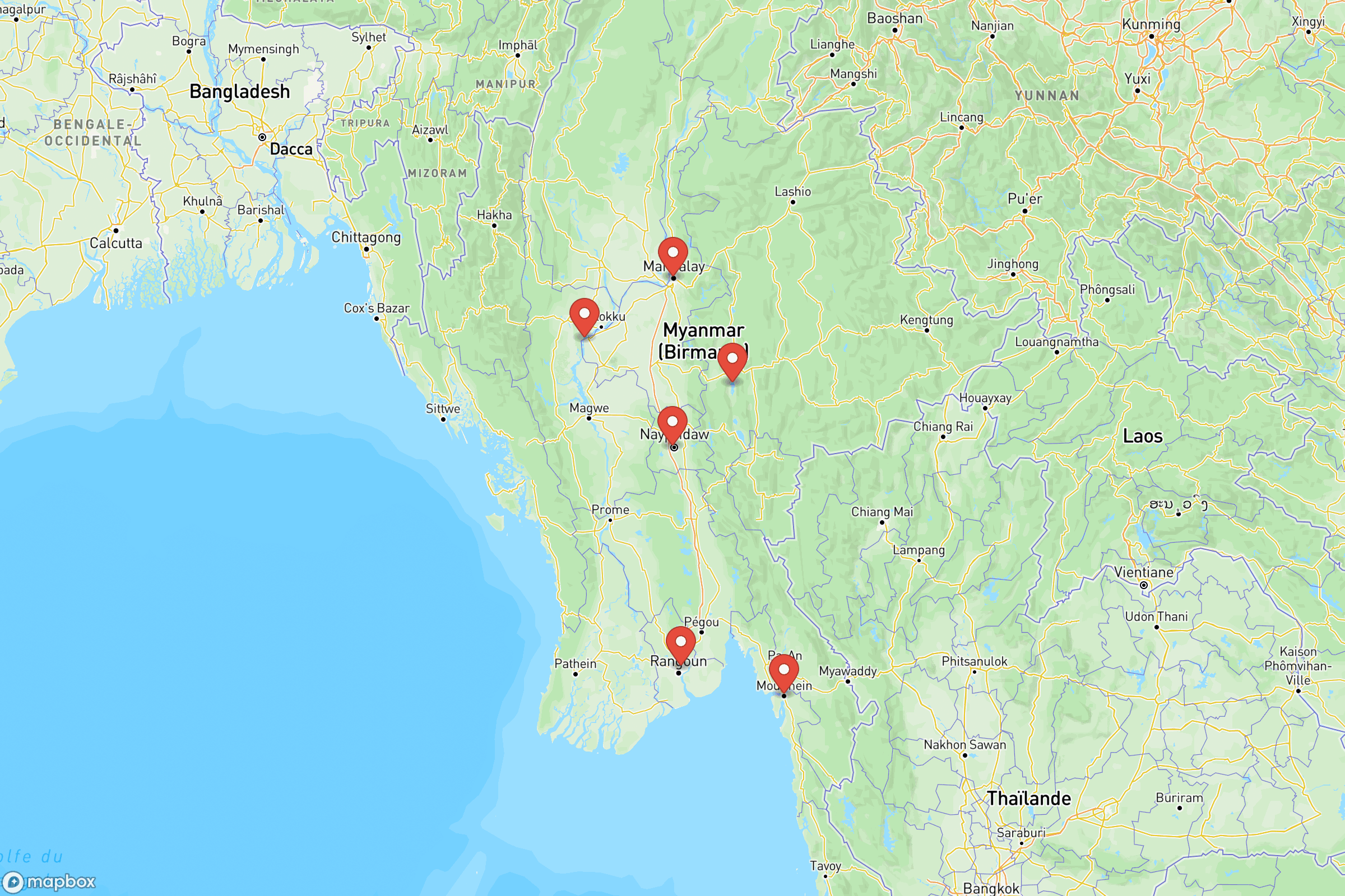 Carte des villes principales de la Birmanie : Rangoun, Mandalay, Naypyidaw, Bagan