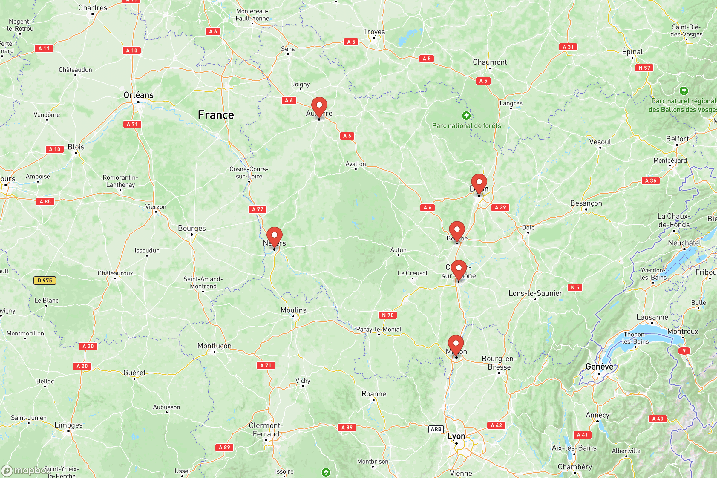 Carte des villes principales de la Bourgogne : Dijon, Beaune, Auxerre, Mâcon
