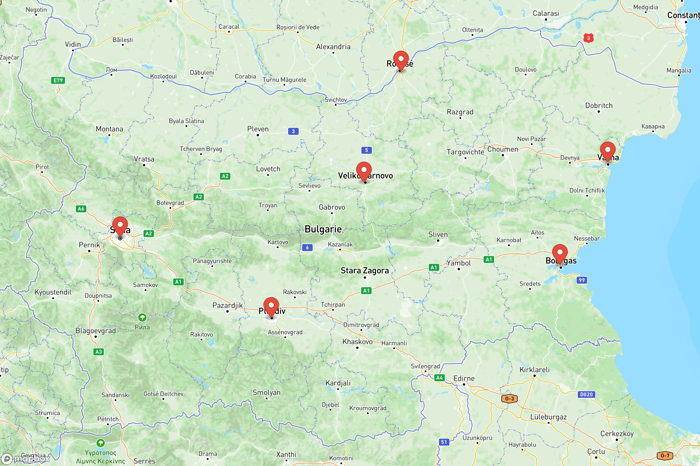 Carte des villes principales de la Bulgarie : Sofia, Plovdiv, Varna, Bourgas
