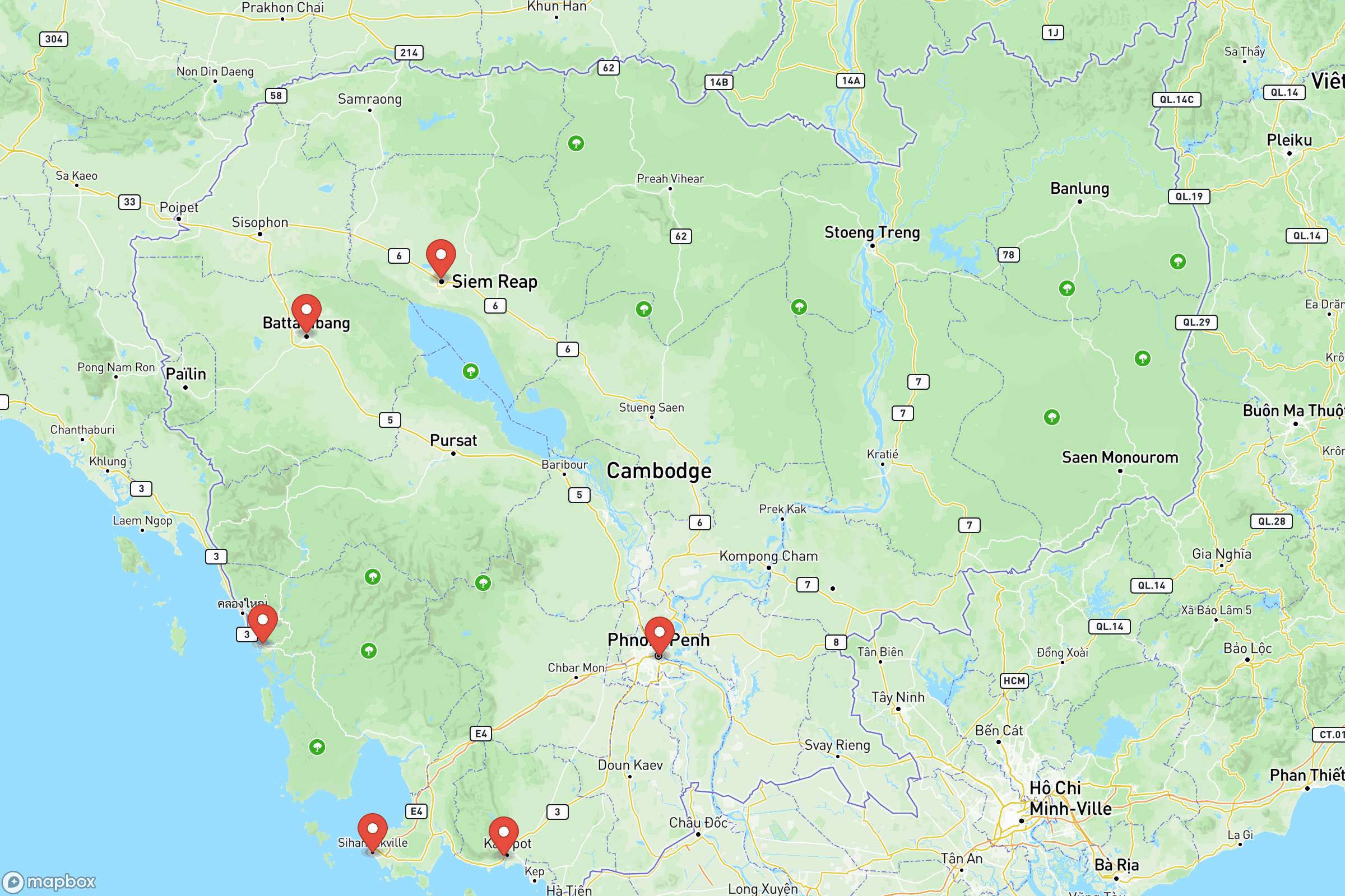 Carte des villes principales de du Cambodge : Phnom Penh, Siem Reap, Sihanoukville, Battambang