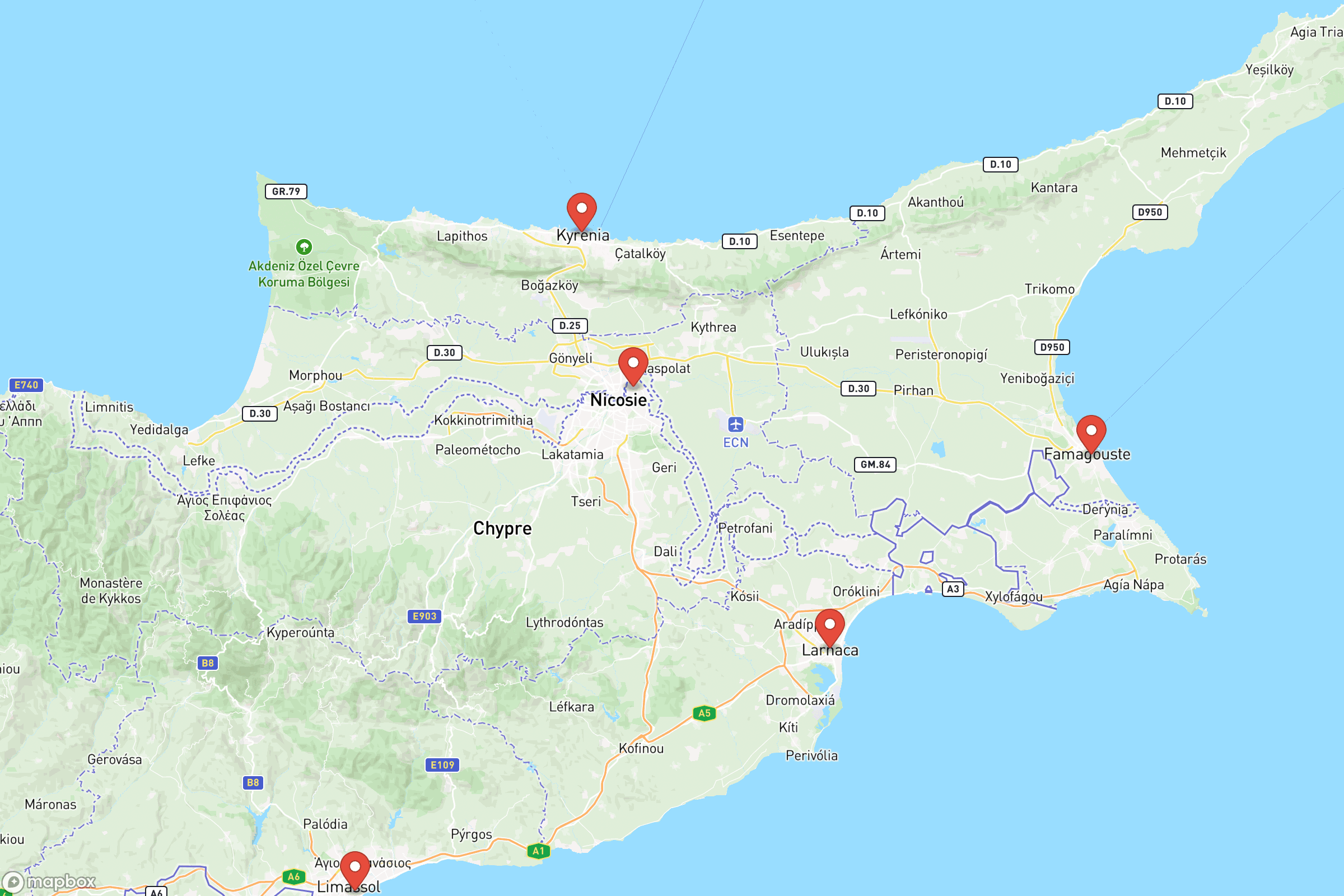 Carte des villes principales de Chypre : Nicosie, Limassol, Larnaca, Paphos