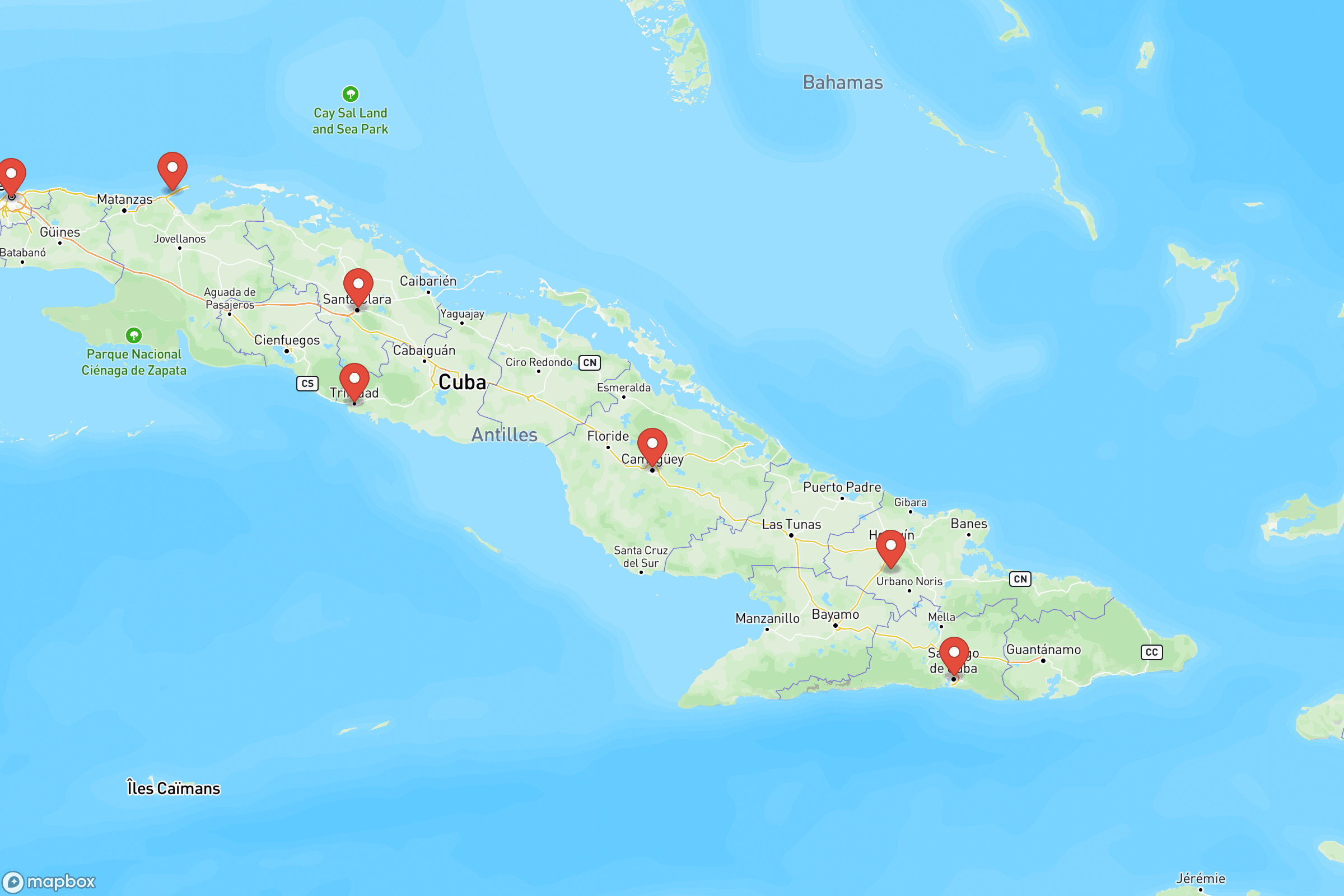 Carte des villes principales de Cuba : La Havane, Santiago de Cuba, Camagüey, Holguín