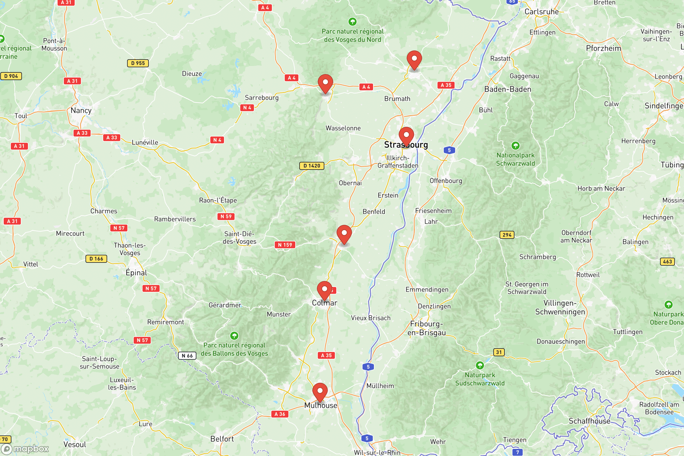 Carte des villes principales de l'Alsace : Strasbourg, Mulhouse, Colmar, Haguenau