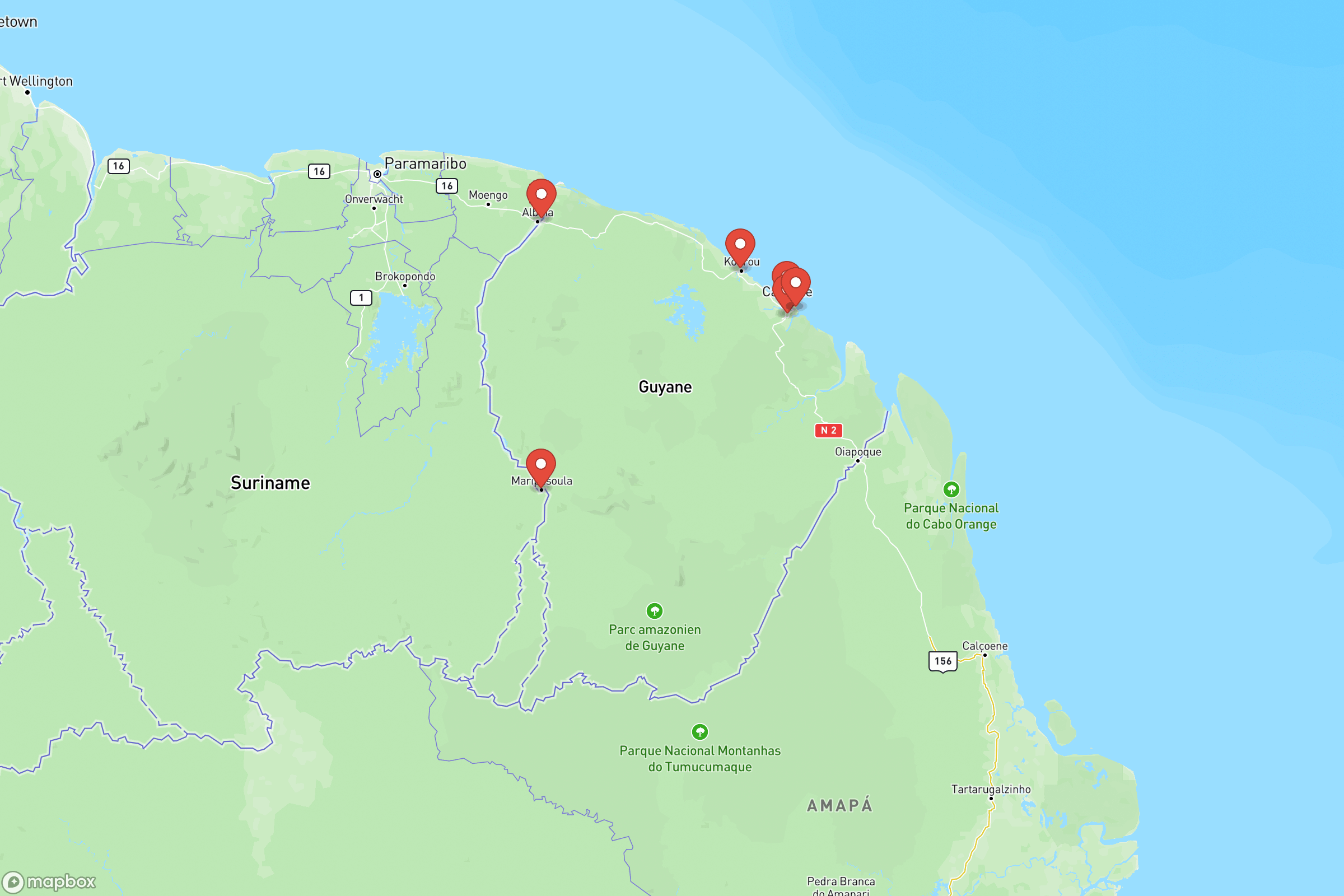Carte des villes principales de la Guyane : Cayenne, Kourou, Saint-Laurent-du-Maroni, Matoury