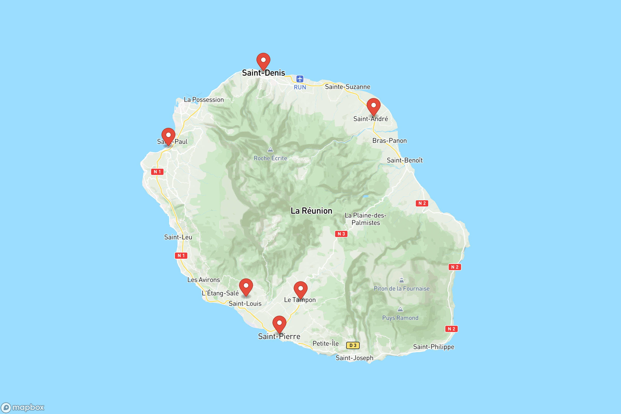 Carte des villes principales de La Réunion : Saint-Denis, Saint-Pierre, Saint-Paul, Le Tampon