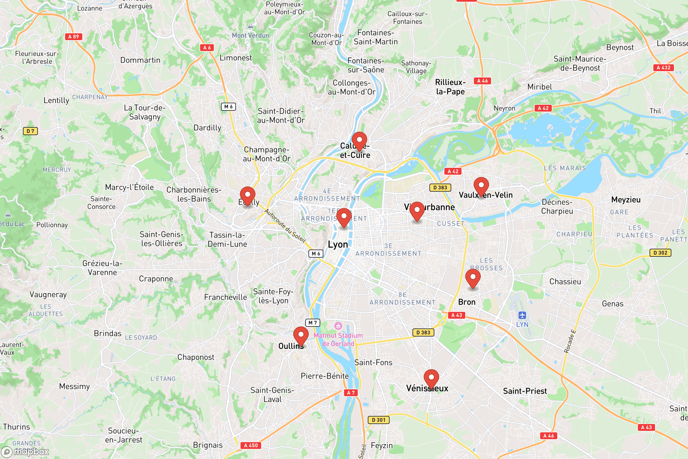 Carte des villes principales de Lyon : Lyon Centre, Villeurbanne, Vénissieux, Caluire