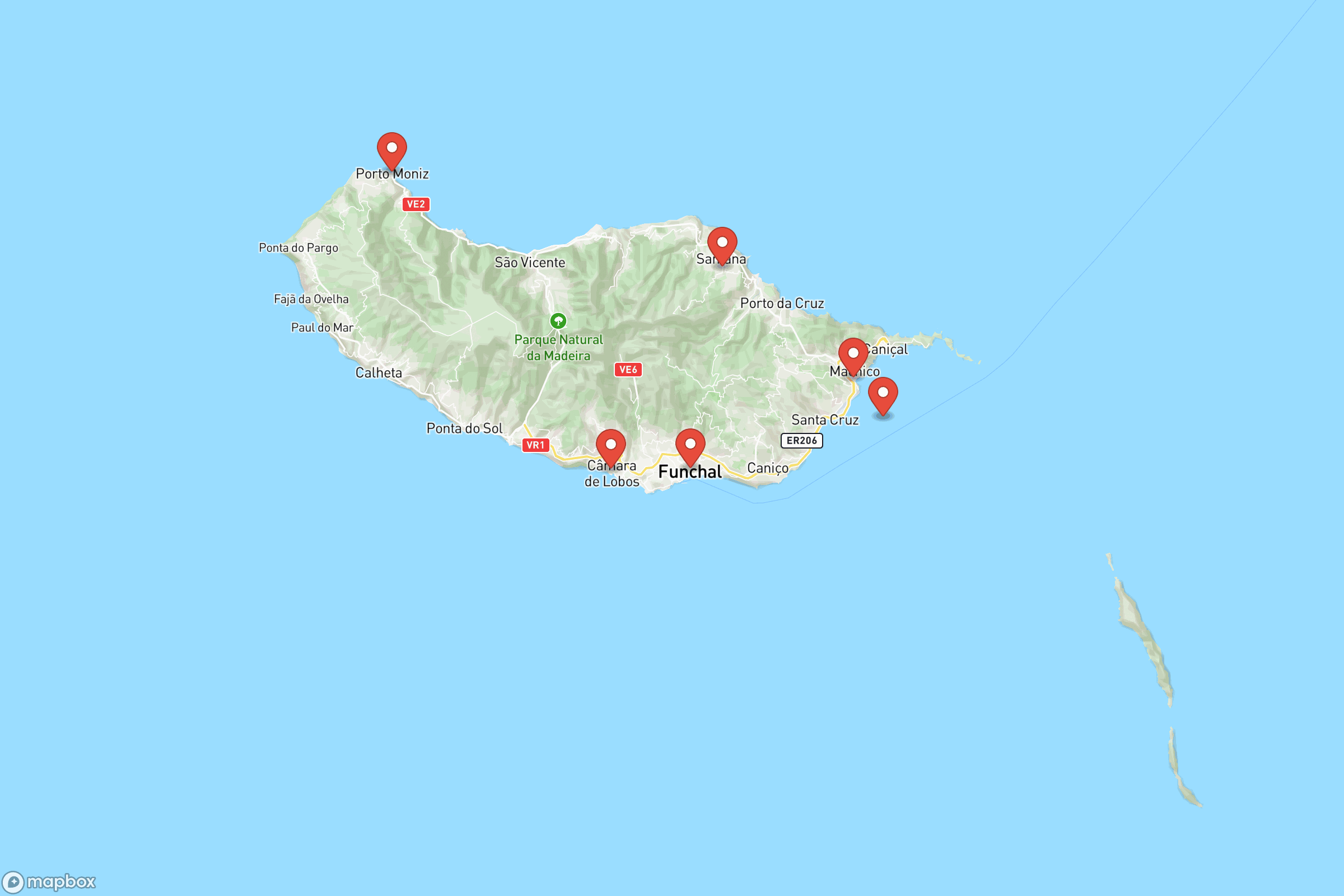 Carte des villes principales de Madère : Funchal, Câmara de Lobos, Machico, Santa Cruz