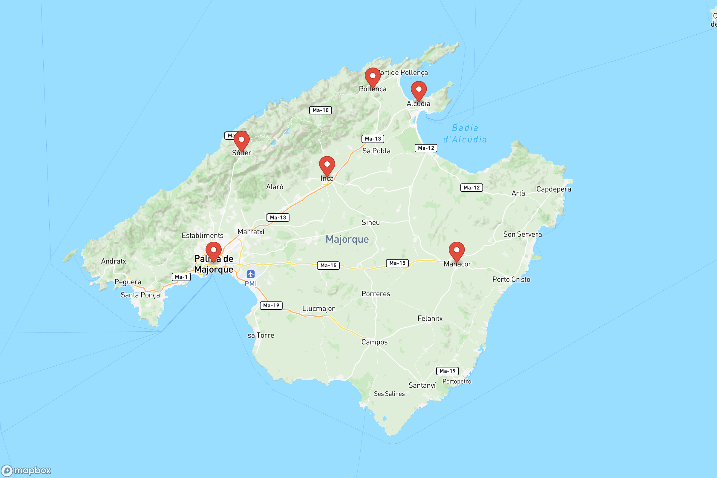 Carte des villes principales de Majorque : Palma, Manacor, Inca, Alcúdia