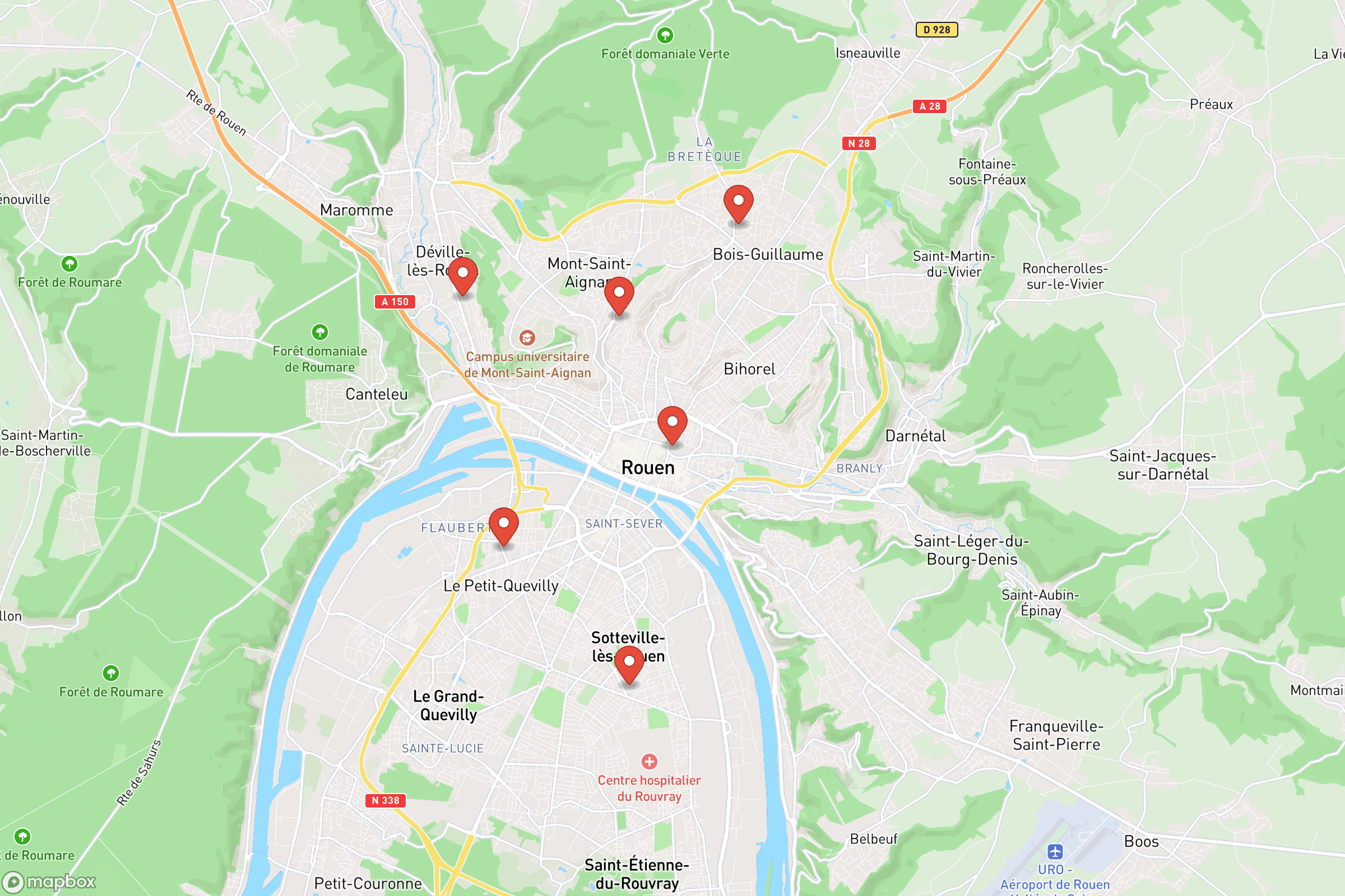 Carte des villes principales de Rouen : Rouen Centre, Sotteville-lès-Rouen, Le Petit-Quevilly, Mont-Saint-Aignan