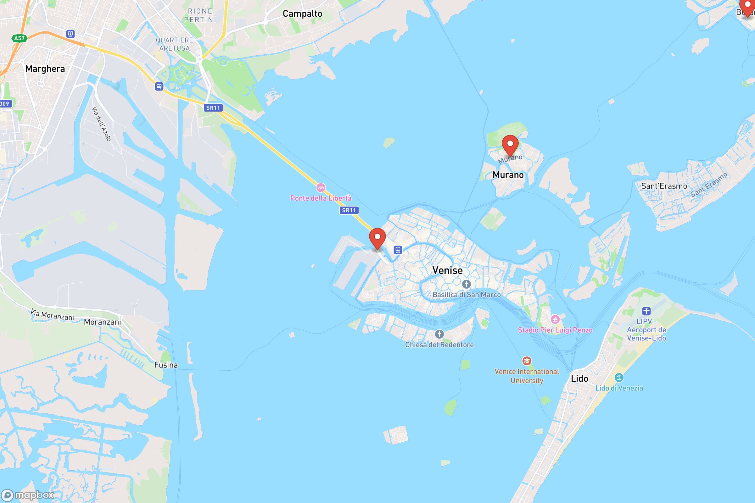 Carte des villes principales de Venise : Venise Centre, Mestre, Murano, Burano