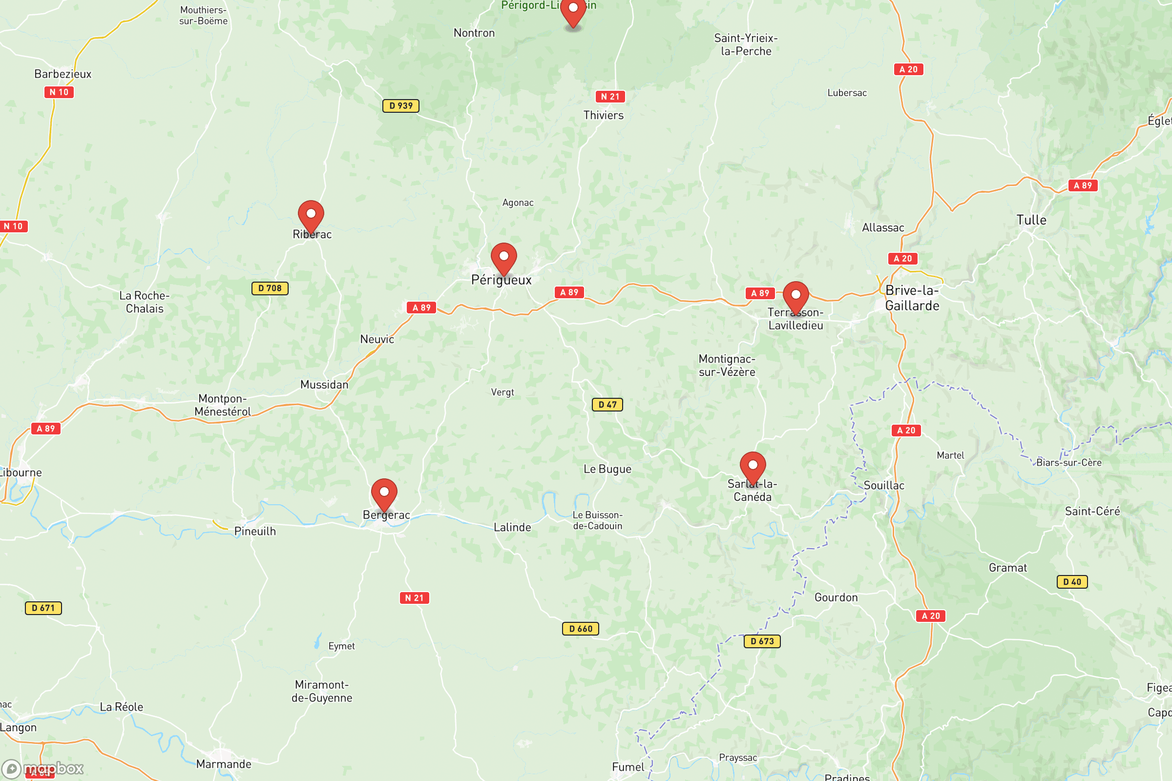 Carte des villes principales de la Dordogne : Périgueux, Bergerac, Sarlat, Nontron