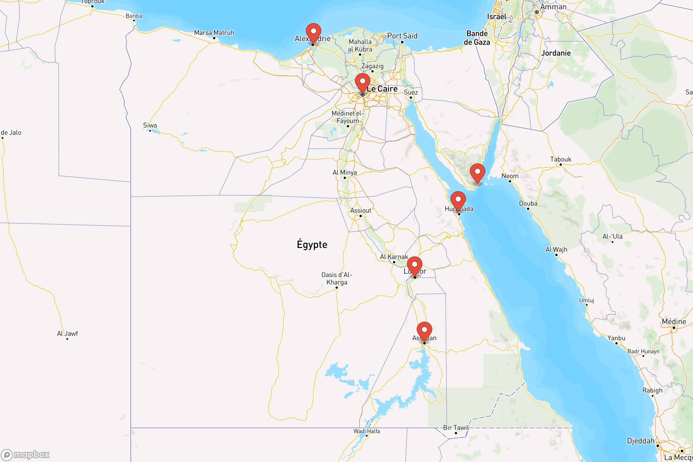 Carte des villes principales de l'Égypte : Le Caire, Alexandrie, Louxor, Assouan