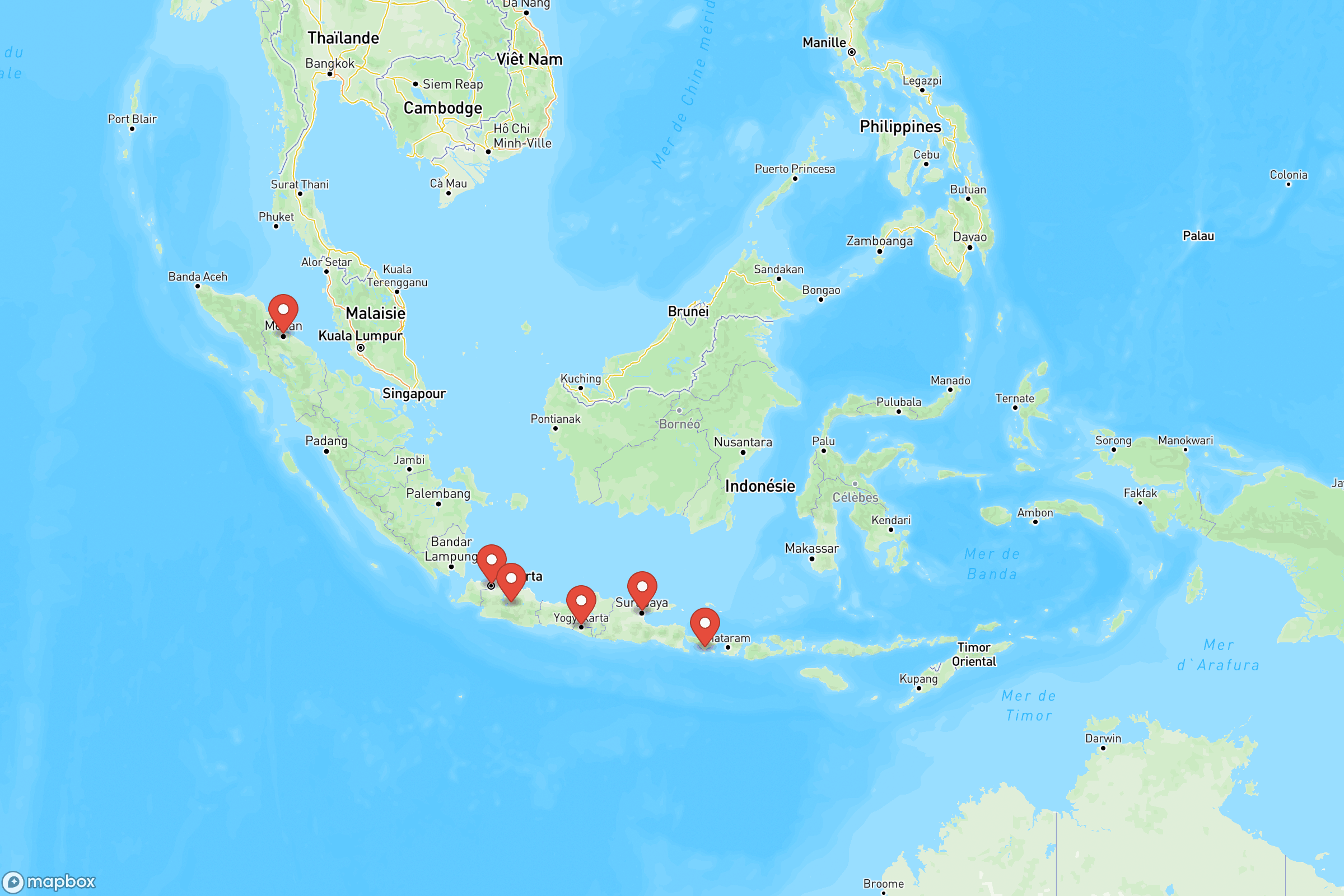 Carte des villes principales de l'Indonésie : Jakarta, Surabaya, Bali (Denpasar), Bandung