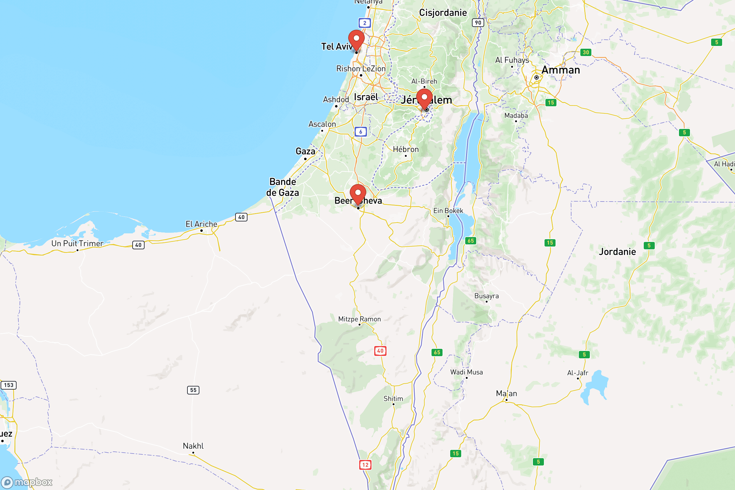 Carte des villes principales de d'Israël : Jérusalem, Tel Aviv, Haïfa, Beer-Sheva