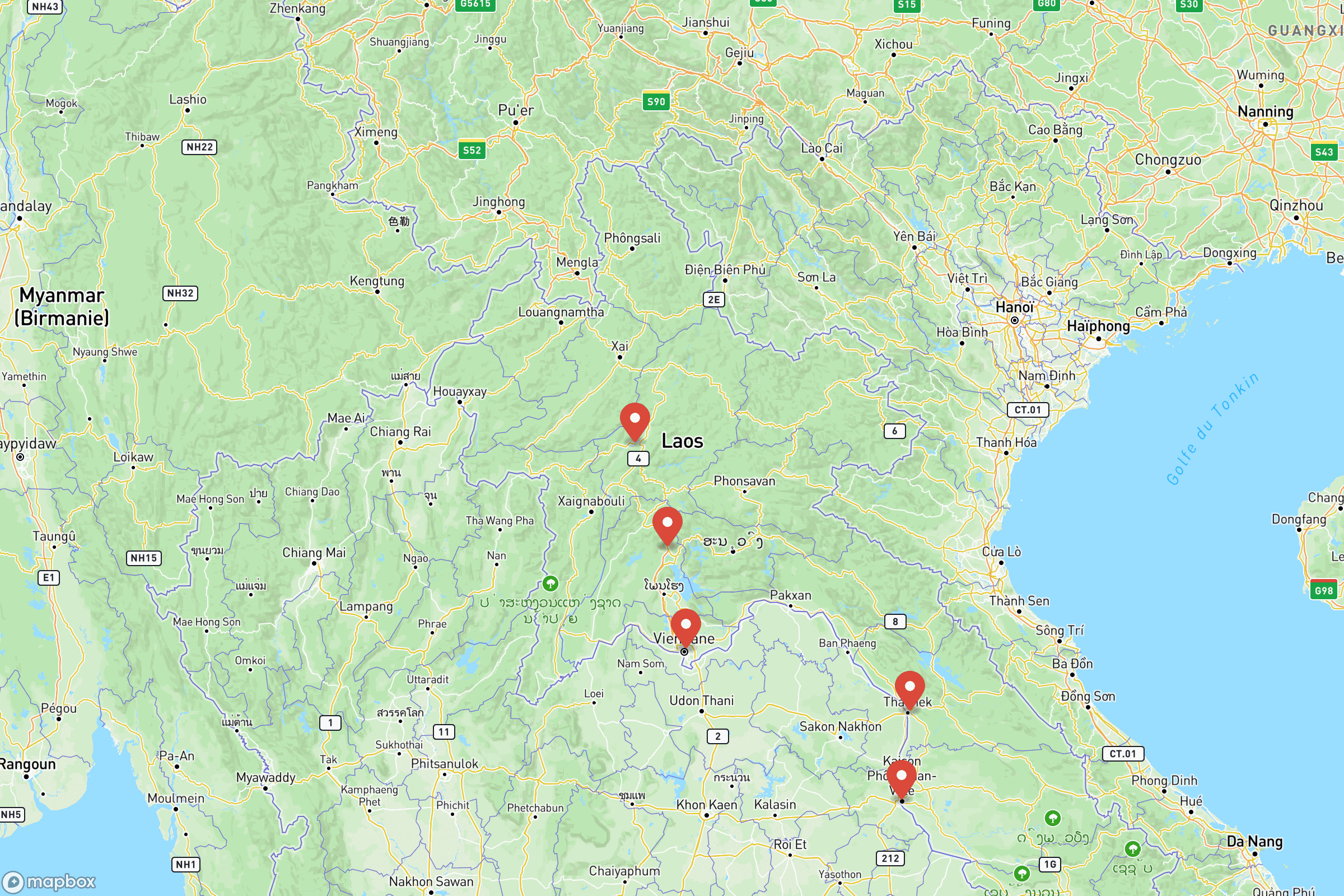 Carte des villes principales de du Laos : Vientiane, Luang Prabang, Paksé, Savannakhet