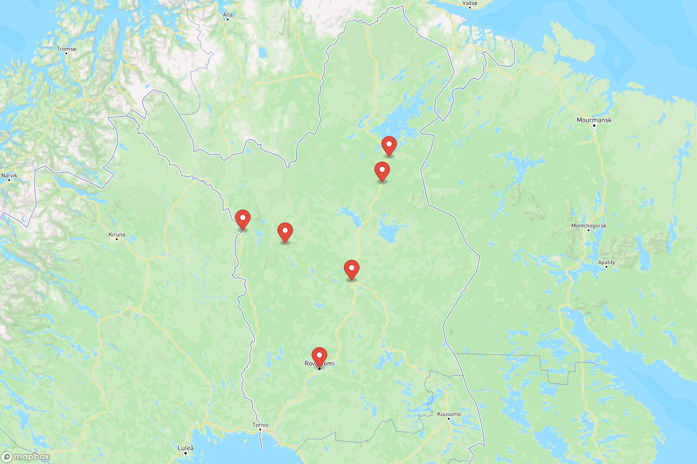 Carte des villes principales de la Laponie : Rovaniemi, Ivalo, Levi, Saariselkä