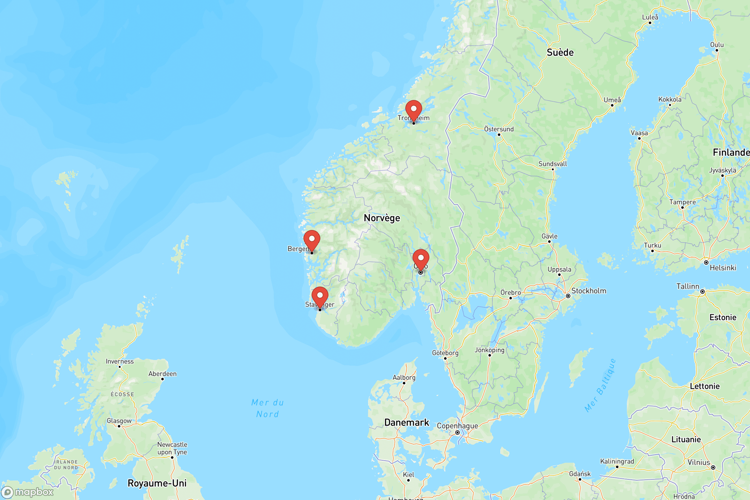 Carte des villes principales de la Norvège : Oslo, Bergen, Trondheim, Stavanger