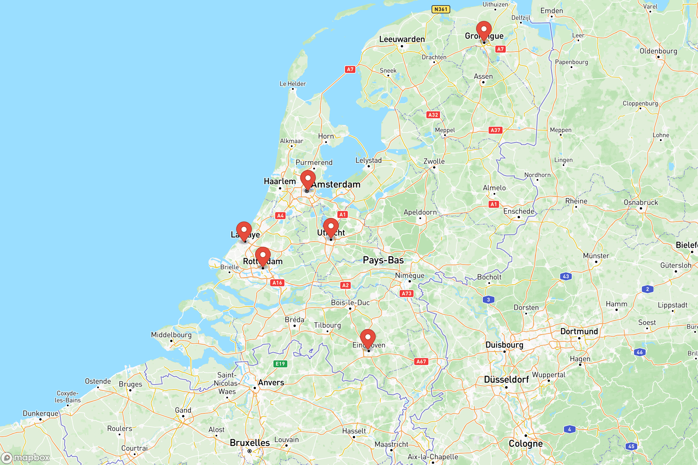Carte des villes principales de des Pays-Bas : Amsterdam, Rotterdam, La Haye, Utrecht