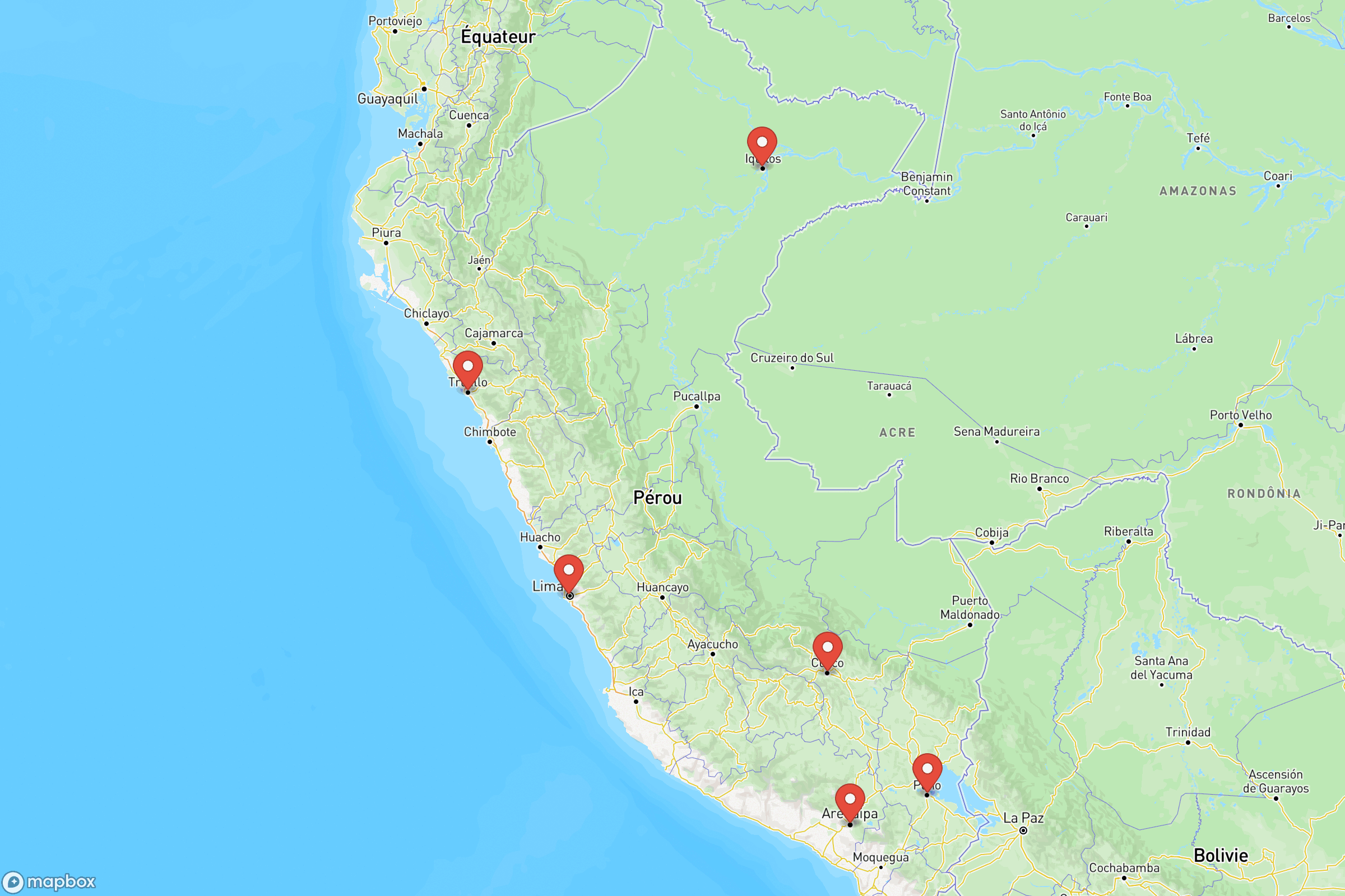 Carte des villes principales de du Pérou : Lima, Cusco, Arequipa, Puno