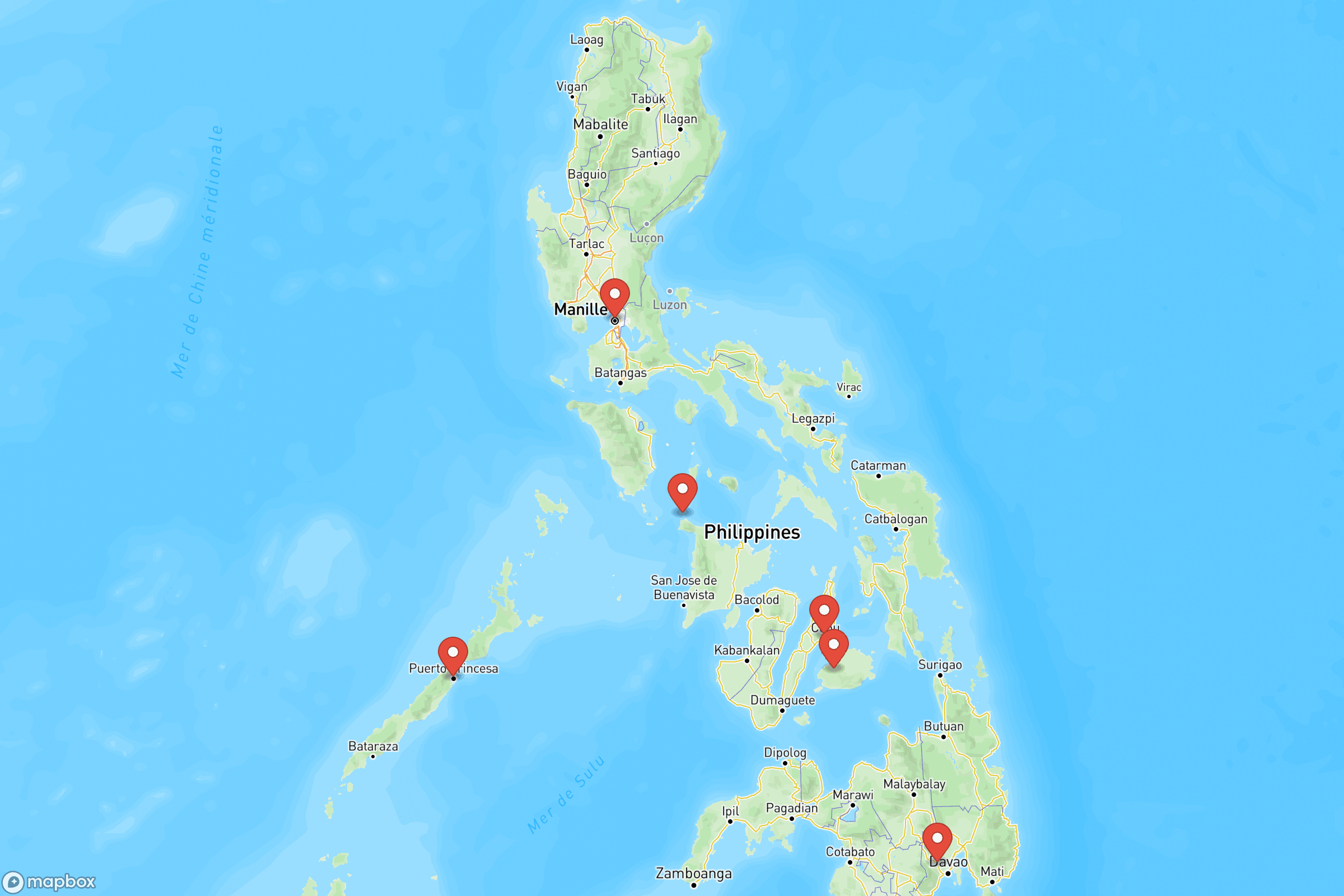 Carte des villes principales de des Philippines : Manille, Cebu, Davao, Boracay