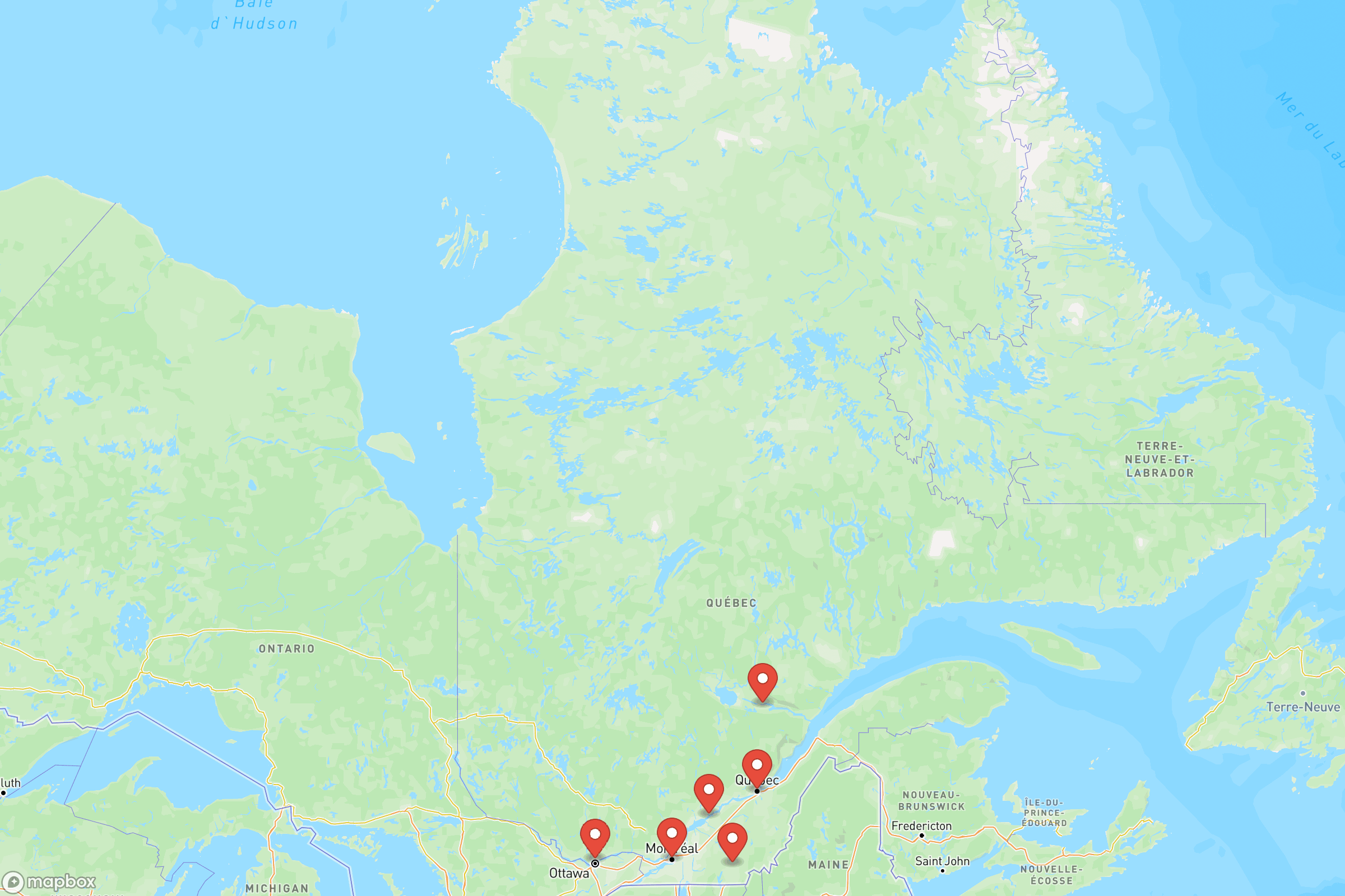 Carte des villes principales de du Québec : Montréal, Québec, Gatineau, Sherbrooke
